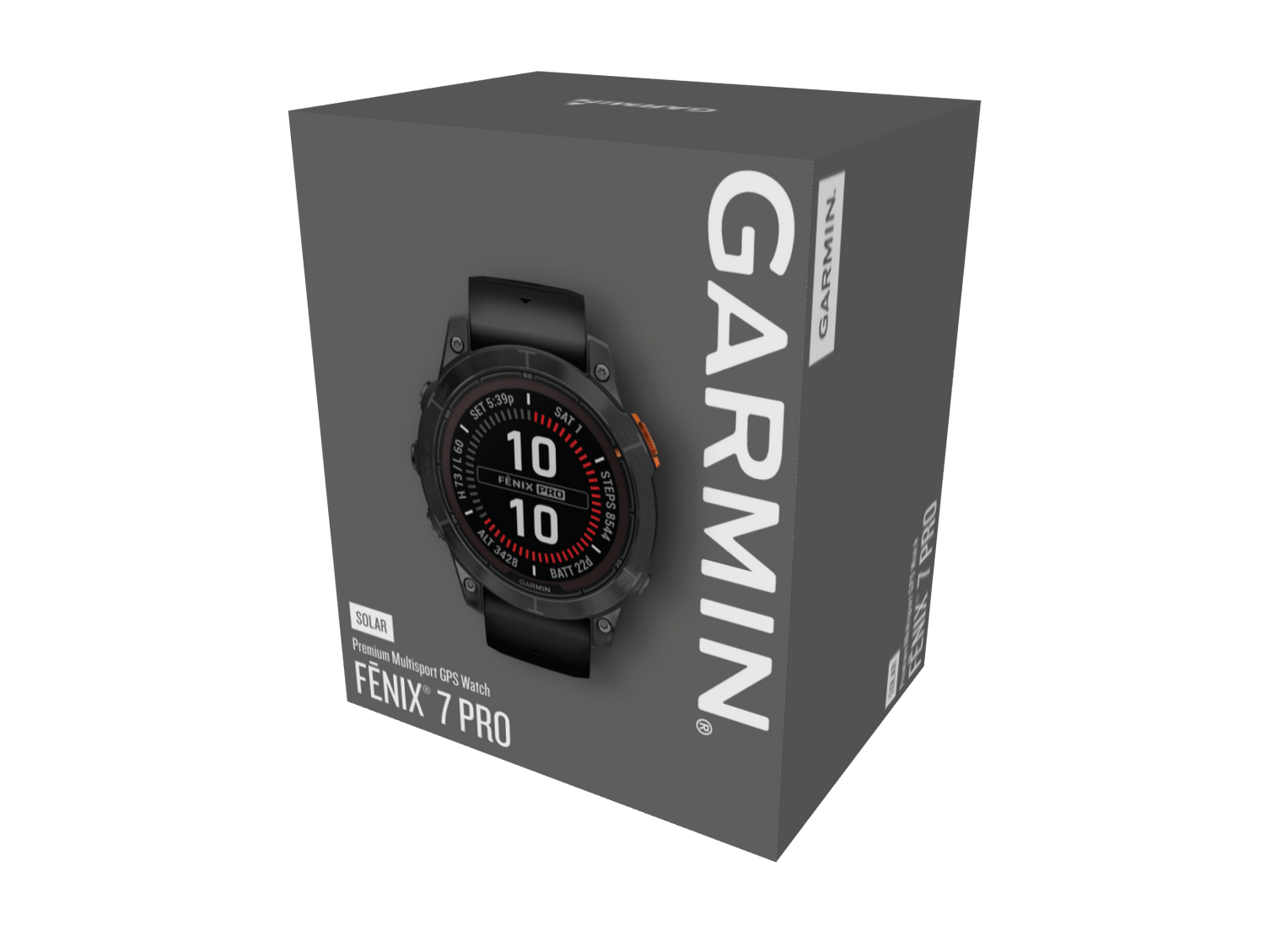 Caja de reloj Garmin que muestra un reloj negro con detalles naranjas. Texto 'GARMIN' visible.
