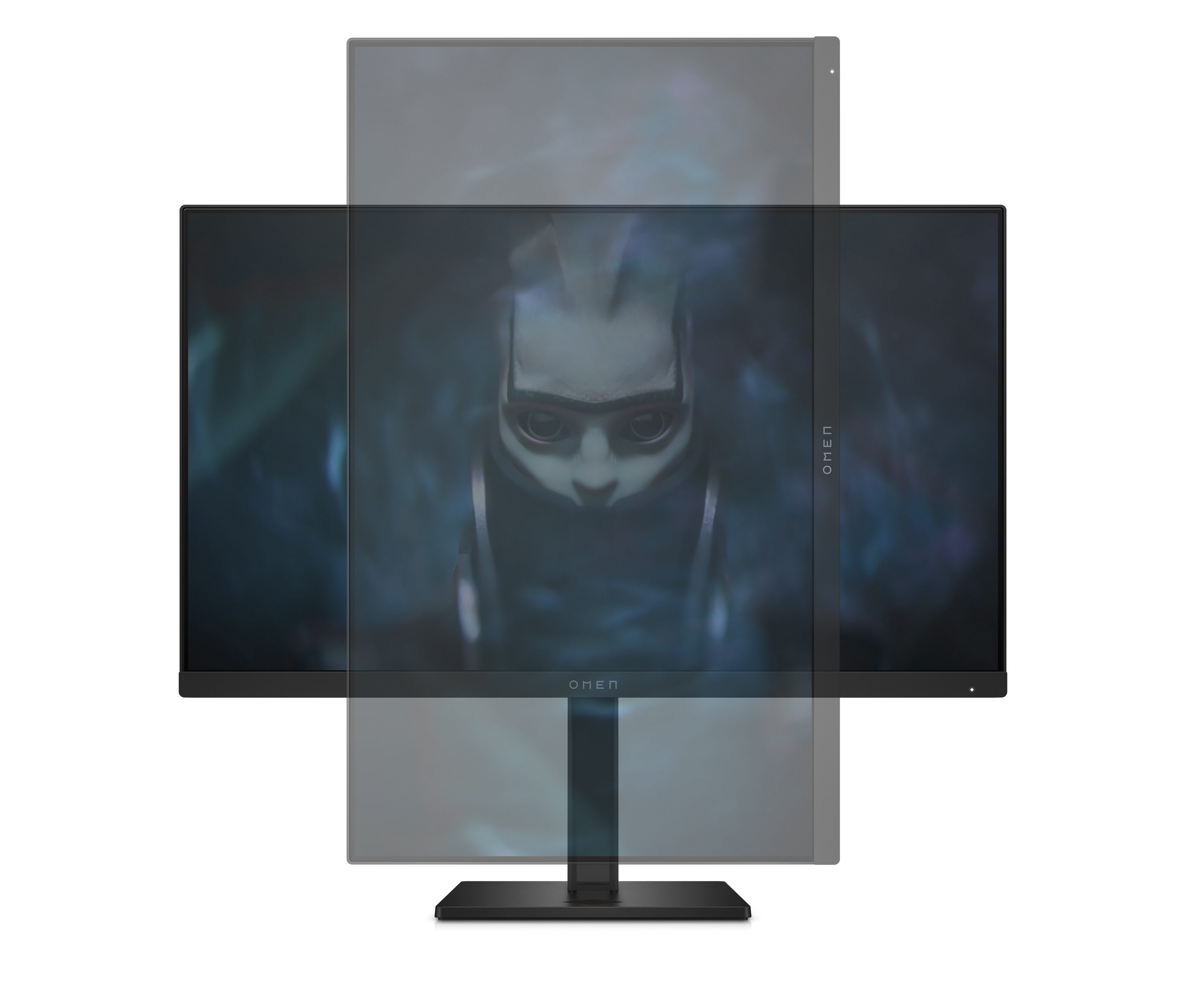 Monitor de computadora negro con el logotipo OMEN y la cara de una persona.