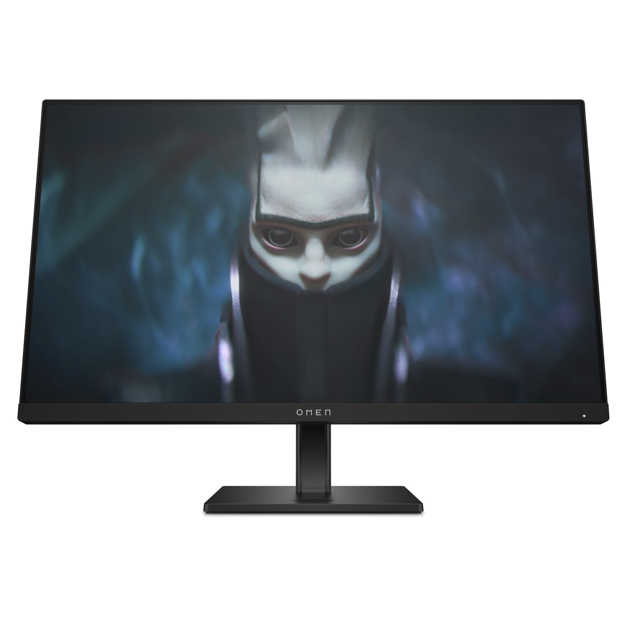 Monitor OMEN, marco negro, mostrando una cara de arte digital, con soporte negro.