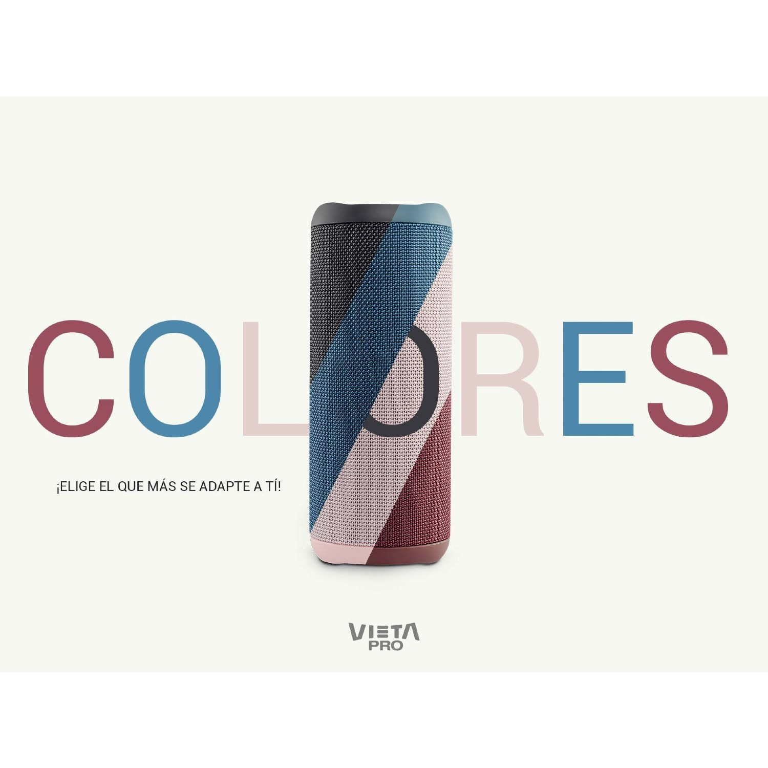 Altavoz cilíndrico con diseño multicolor, texto en español.