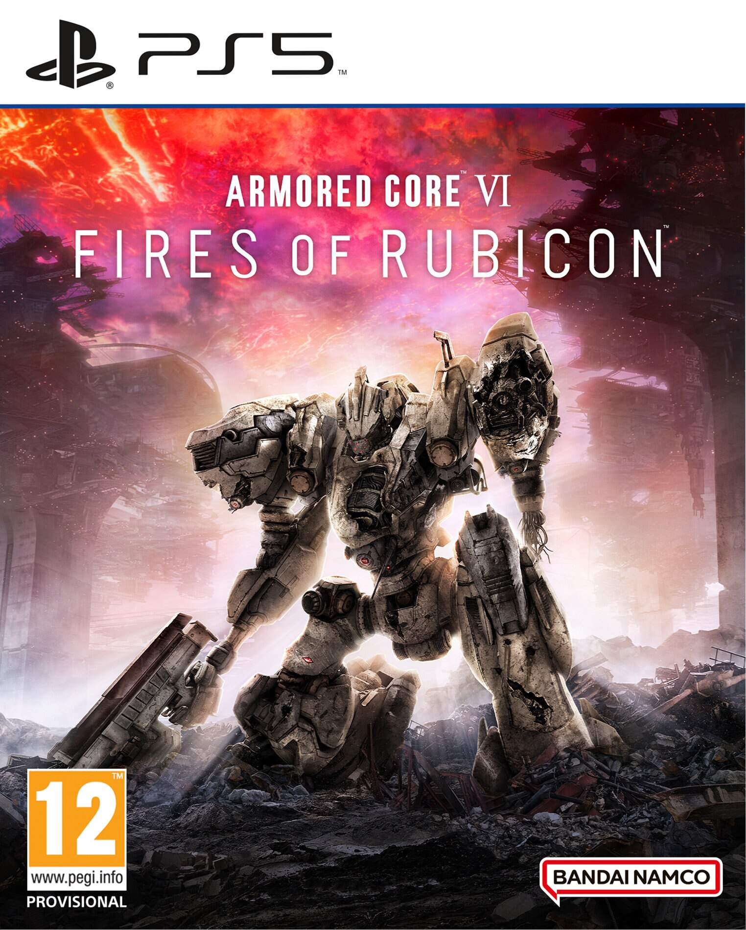 Okładka gry. Robot mech w akcji. Tytuł: Armored Core VI: Fires of Rubicon. Logo PS5.