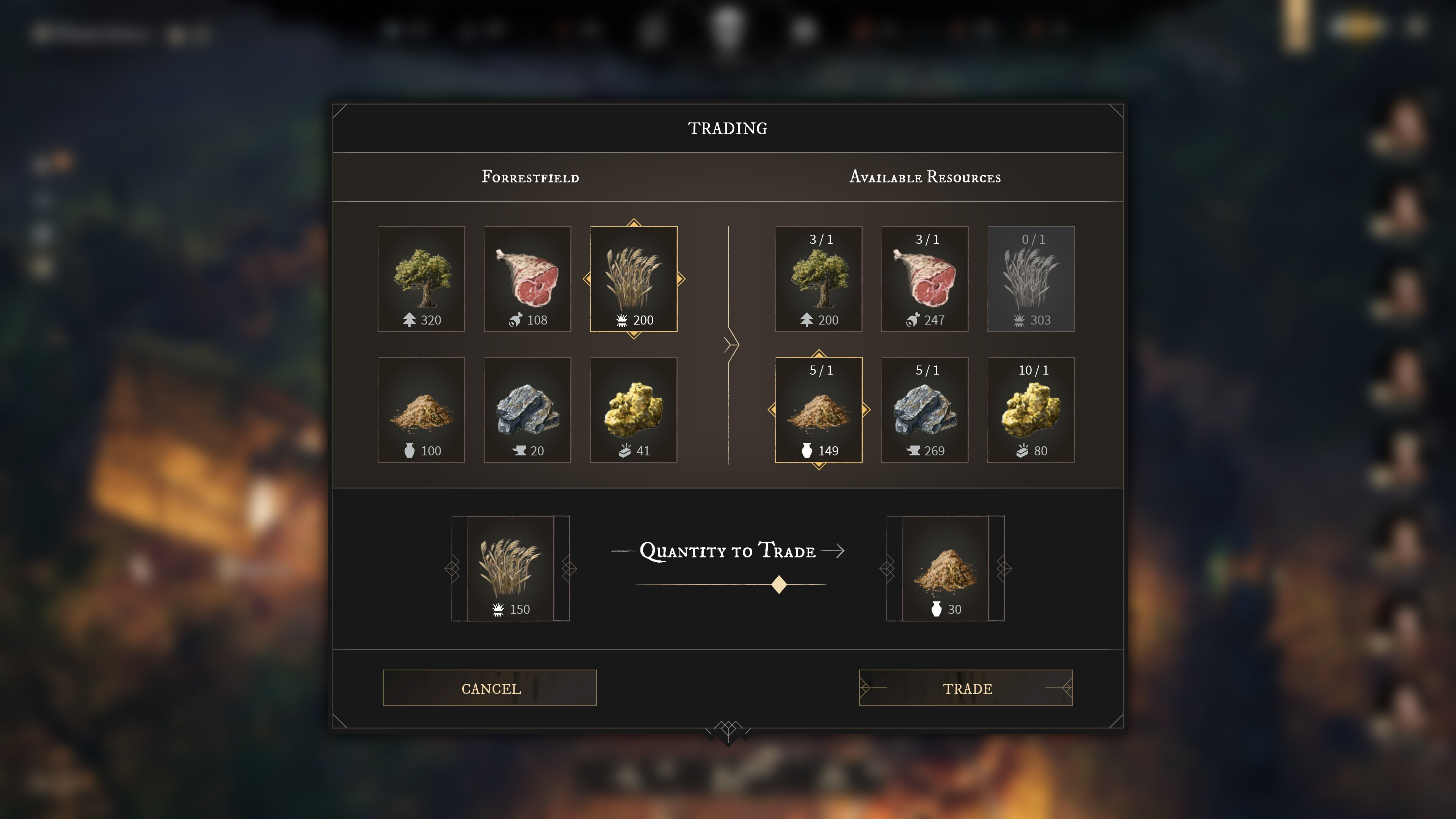 Interfejs gry pokazujący opcje handlu zasobami w środowisku fantasy.