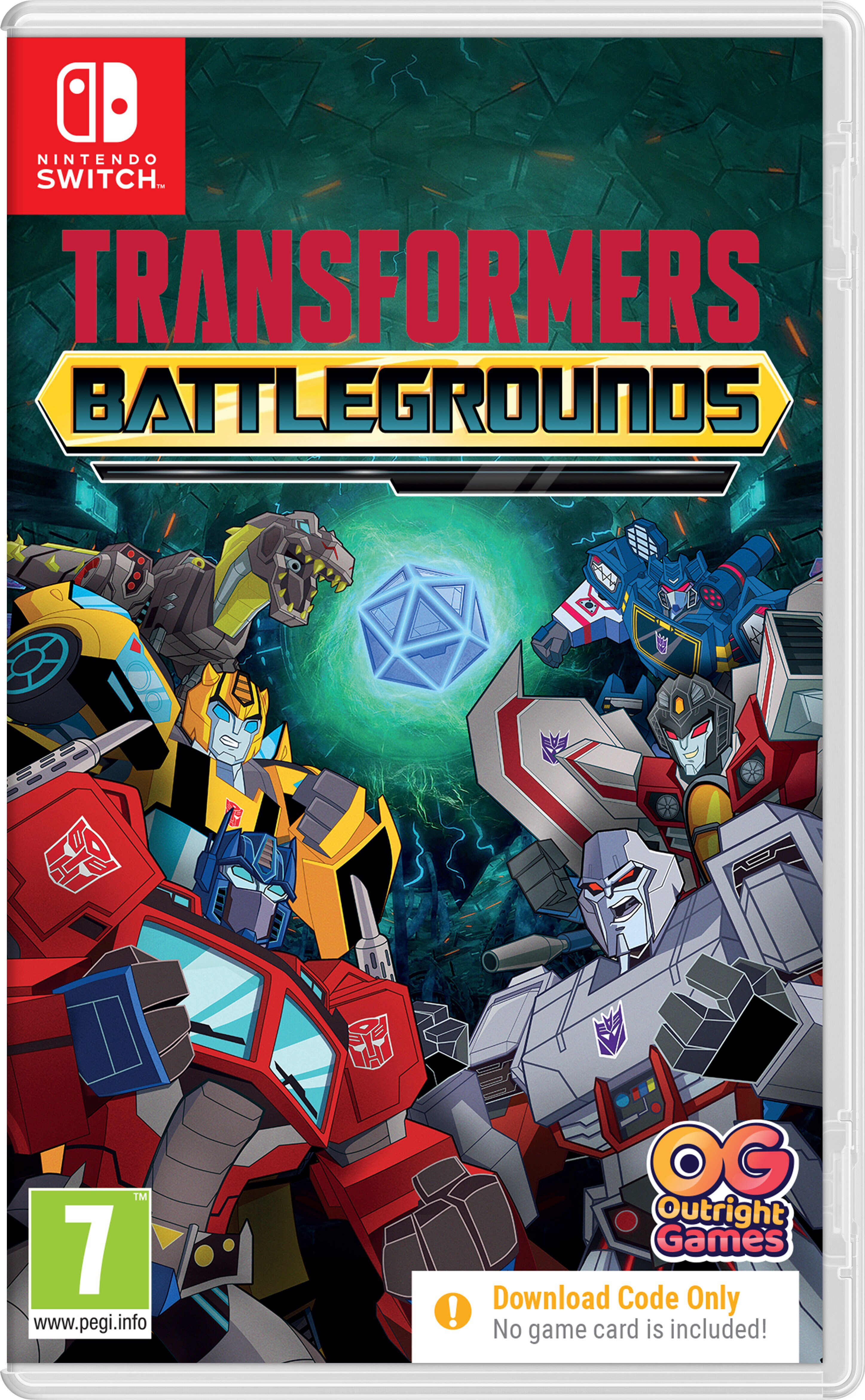 Okładka gry Nintendo Switch. Postacie Transformers, kolorowa grafika.