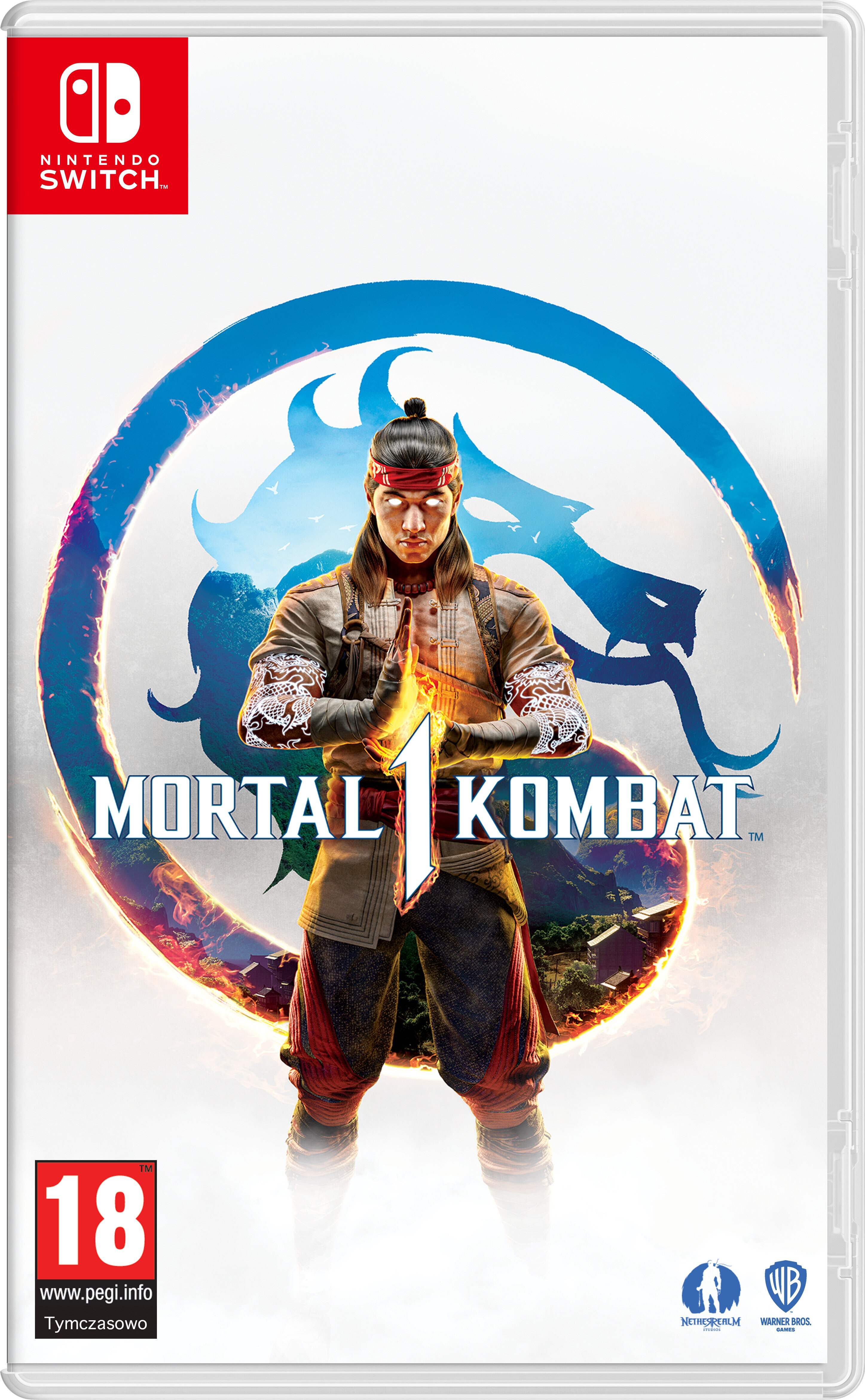 Okładka gry Mortal Kombat 1. Mężczyzna w pozycji bojowej jest wyśrodkowany, z tytułem na dole.