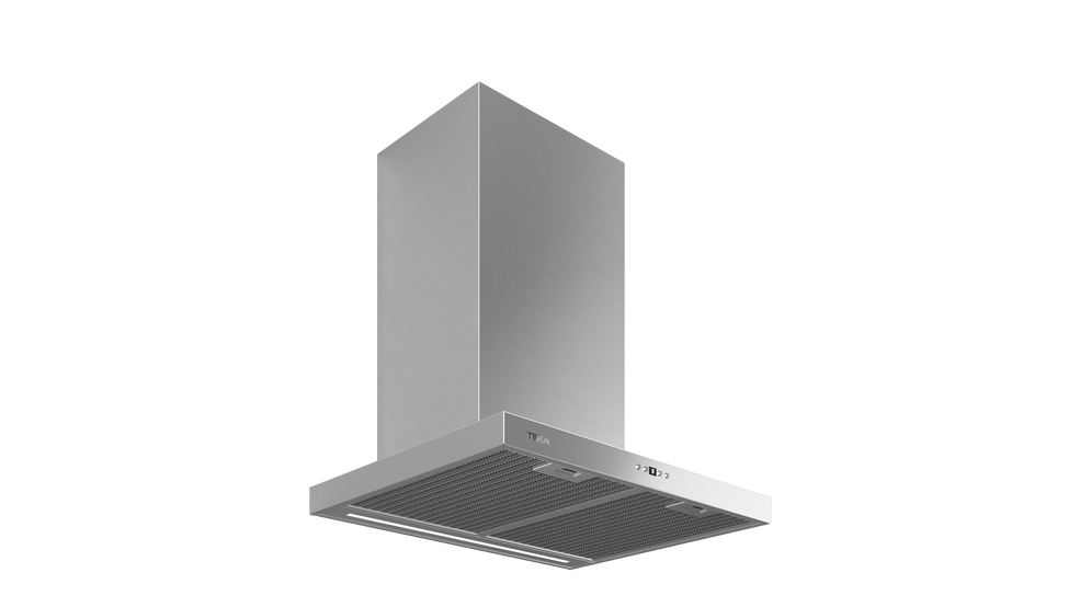 Una campana extractora plateada, forma rectangular, sobre fondo negro.