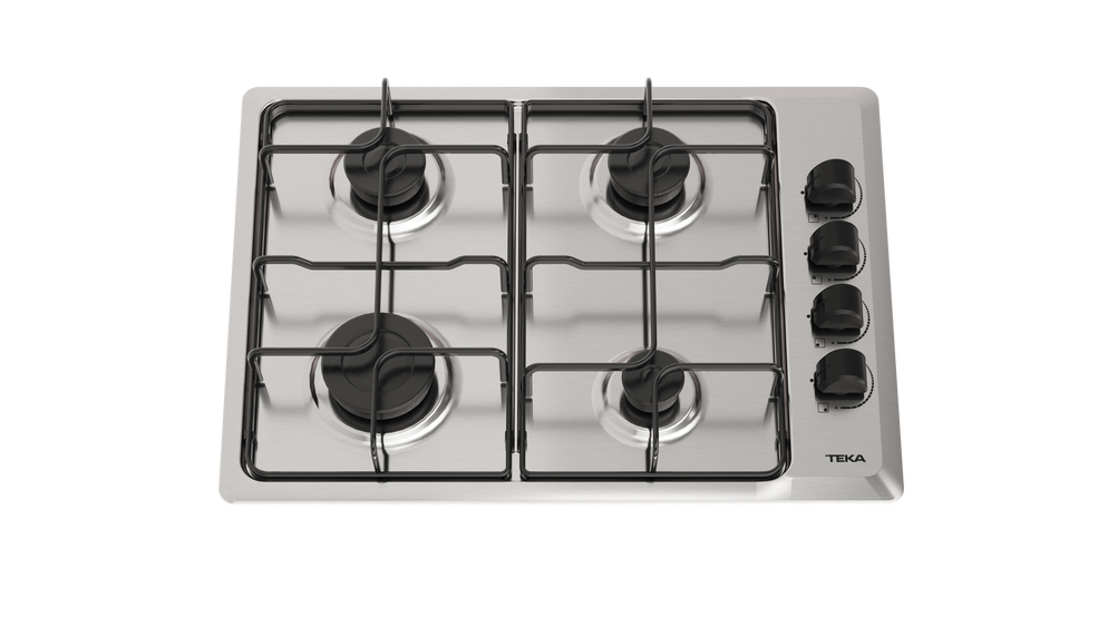 Encimera de gas de acero inoxidable con cuatro quemadores y mandos a la derecha.