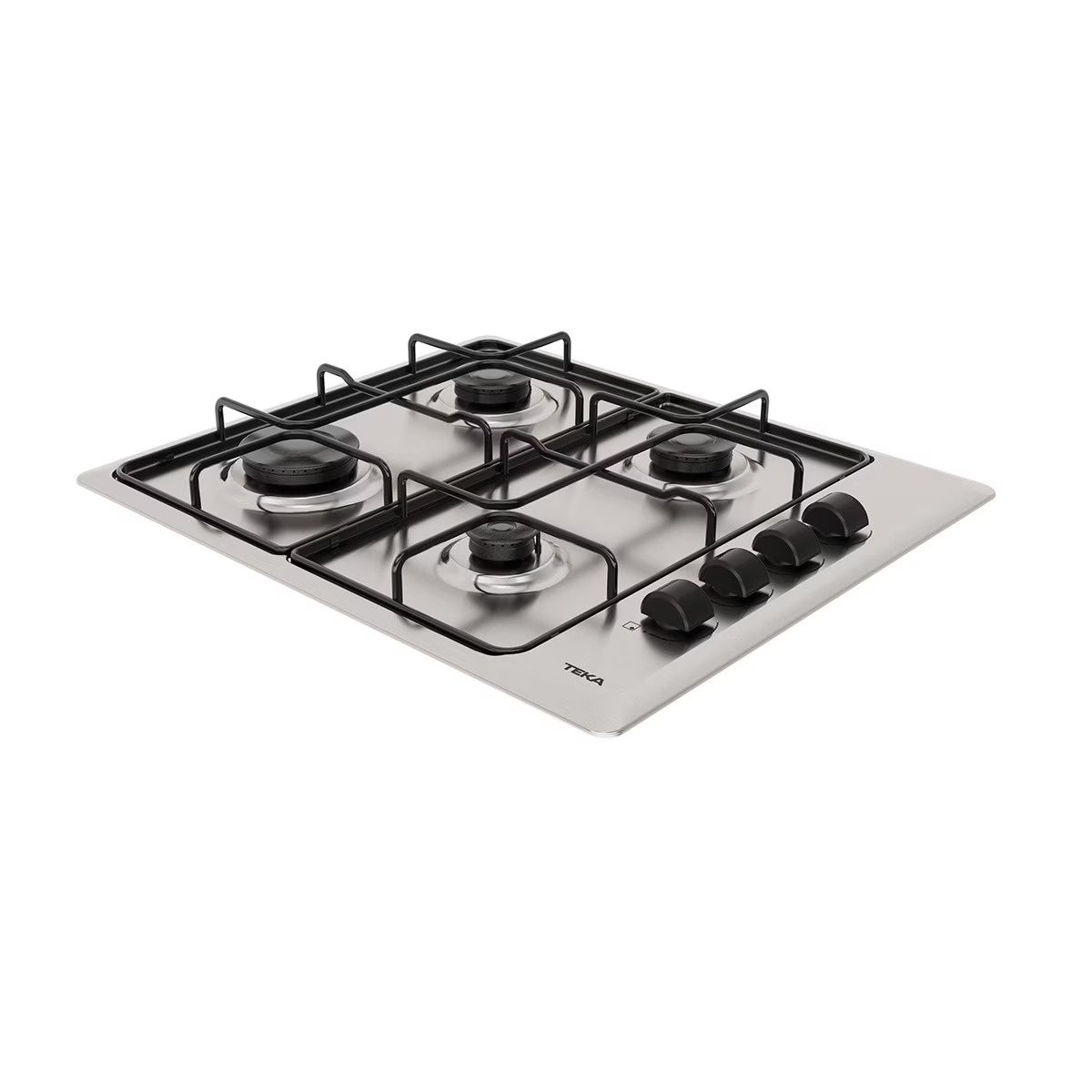Una placa de gas de acero inoxidable con cuatro quemadores y perillas negras sobre un fondo blanco.