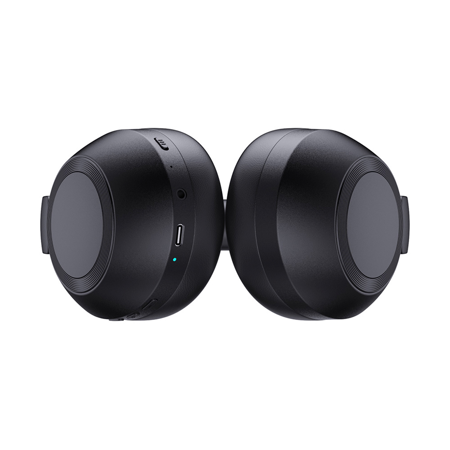 Dos auriculares negros en vista lado a lado. Son elegantes y tienen un puerto USB-C.