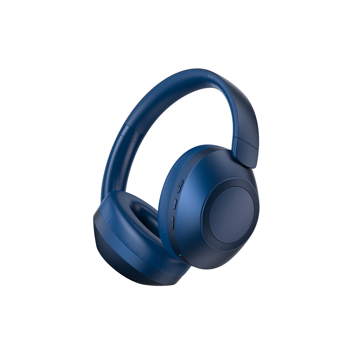 Auriculares azules sobre fondo blanco. Tienen un diseño curvo, auriculares y diadema.
