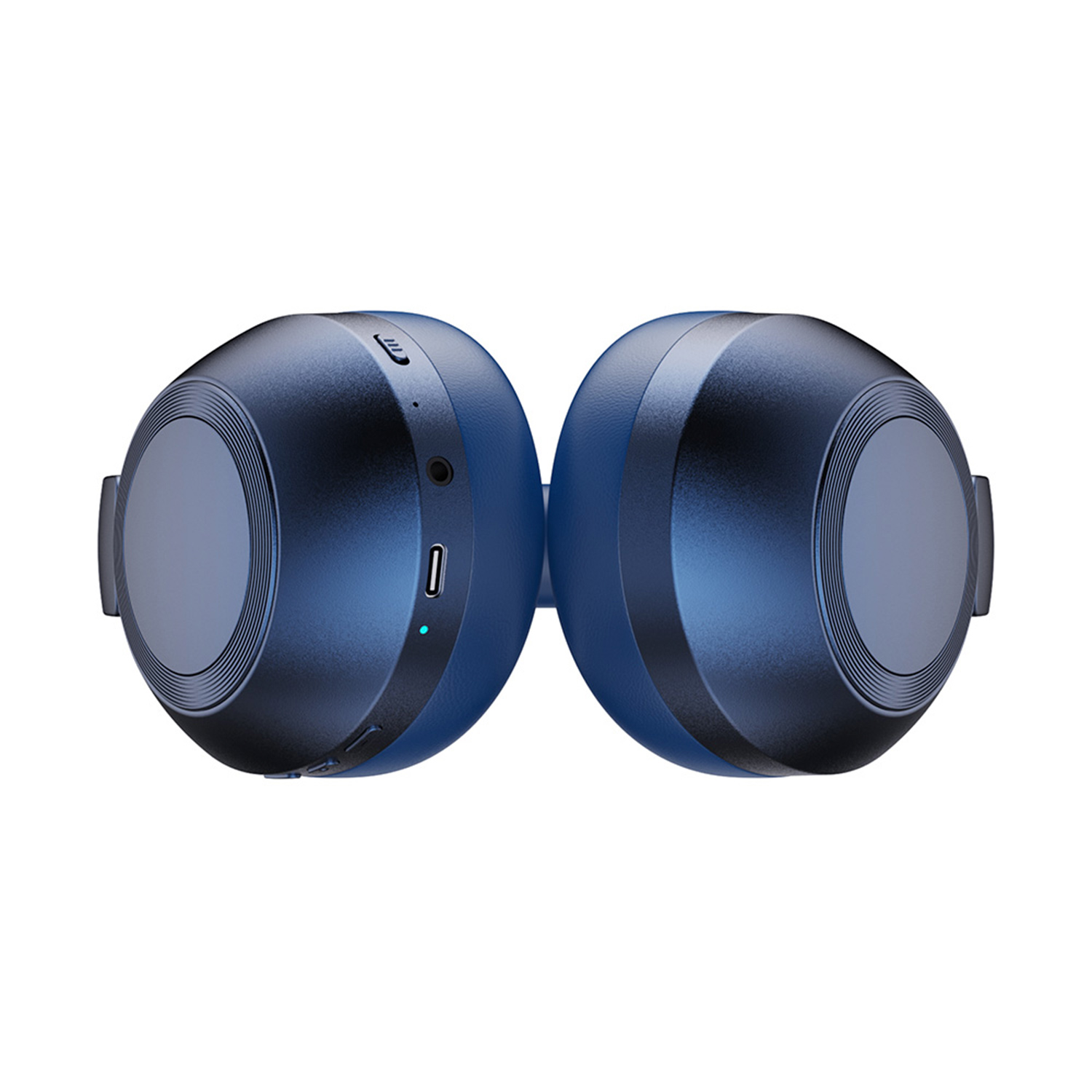 Dos altavoces redondos azul oscuro. Tienen borde oscuro y puertos laterales.