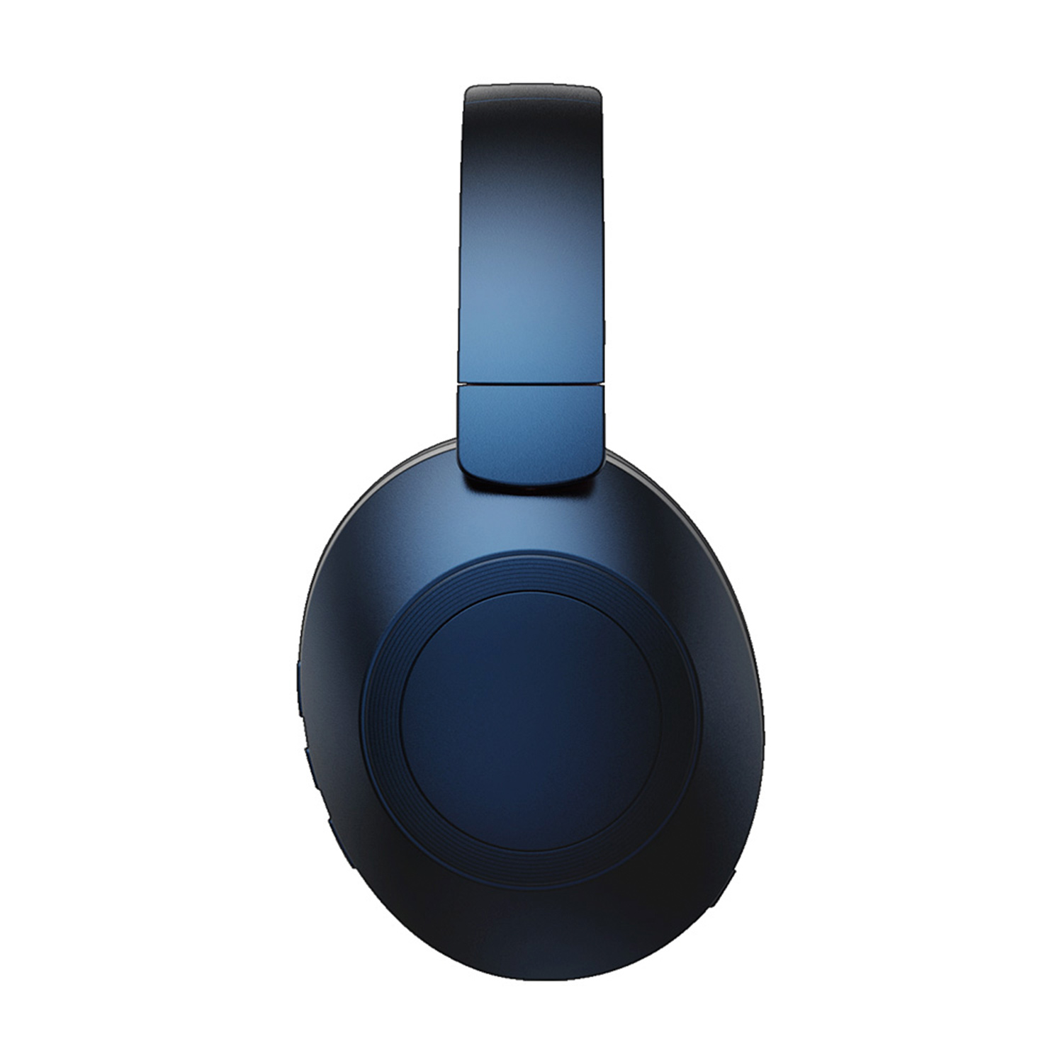 Auriculares azul oscuro, vista trasera, con diadema acolchada y almohadillas.