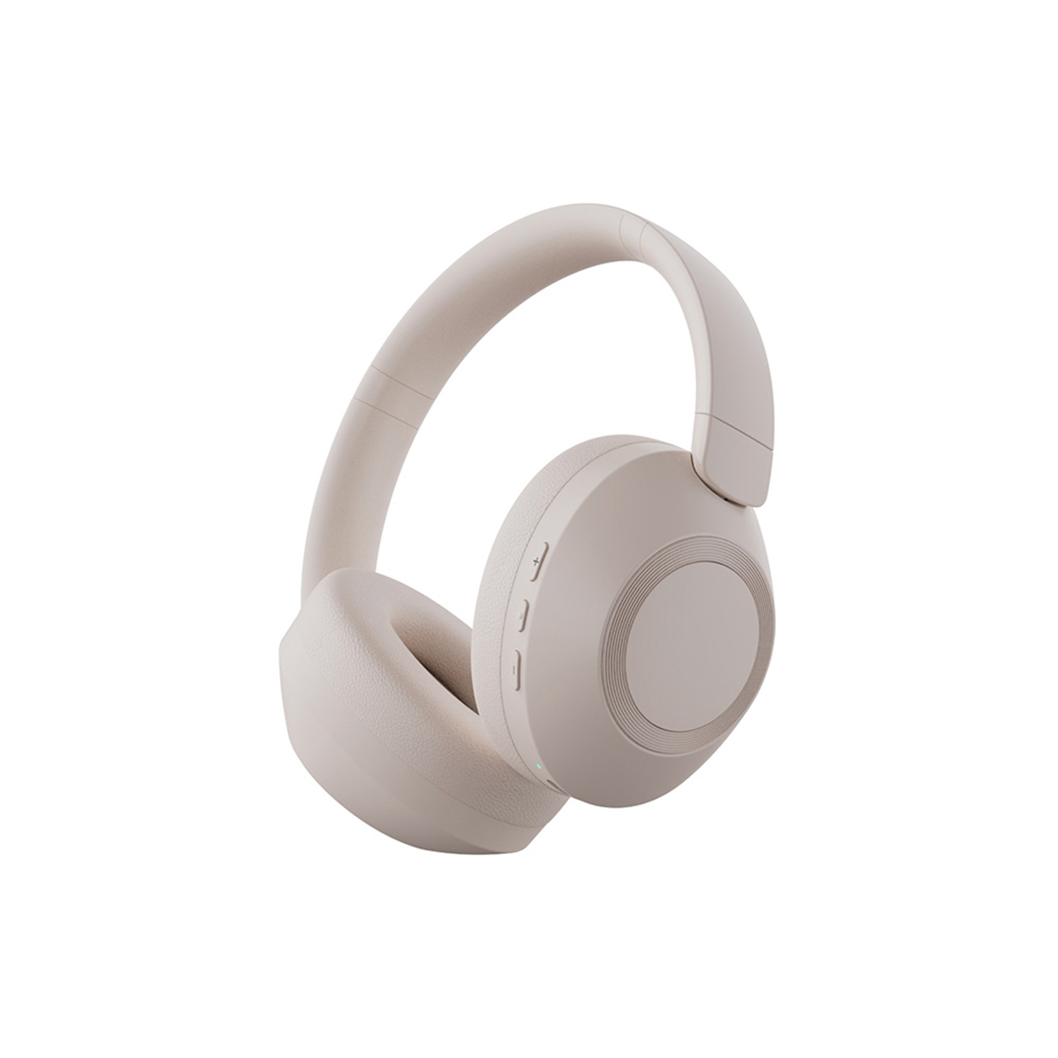 Auriculares inalámbricos blanquecinos, aislados sobre un fondo blanco.