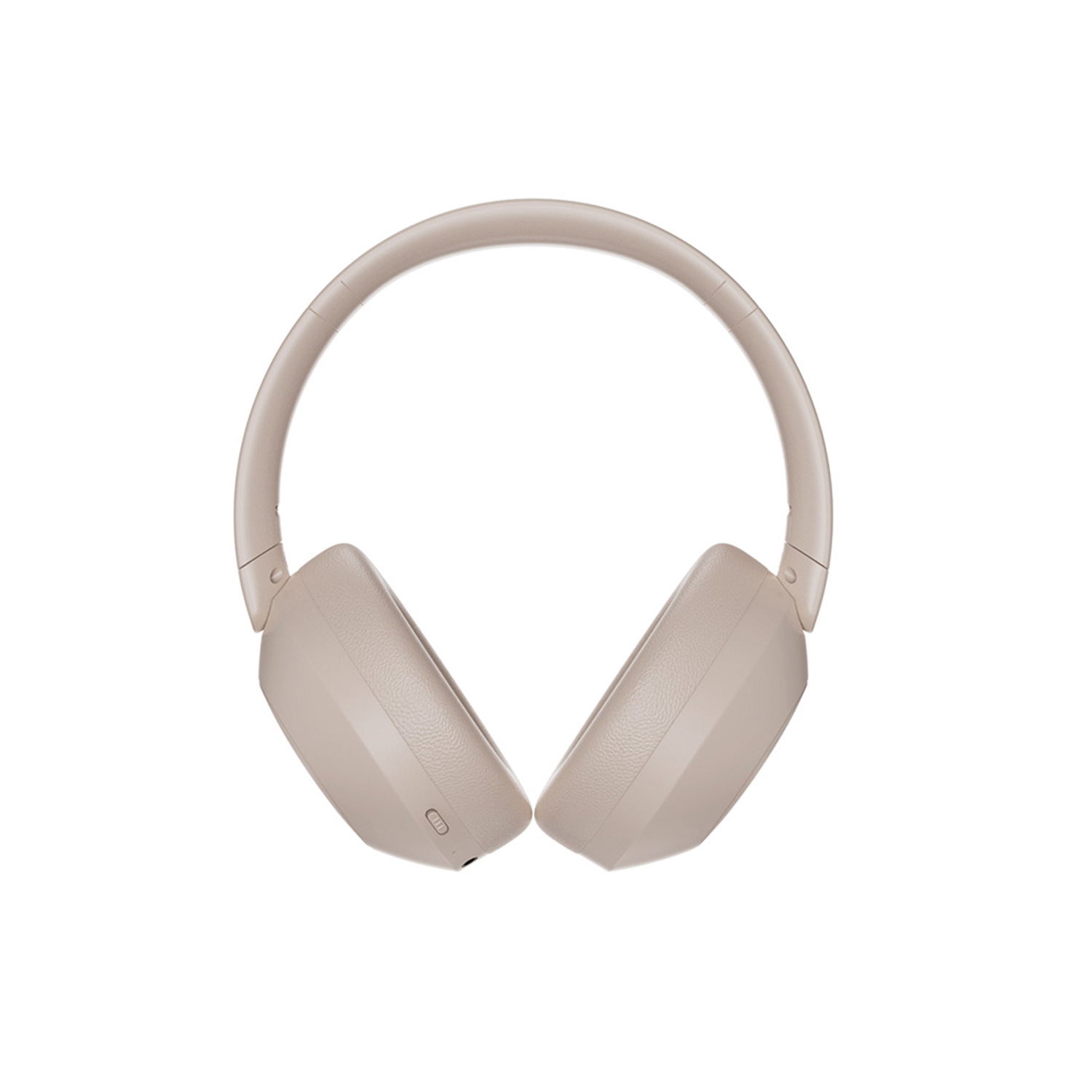Un par de auriculares beige vistos desde arriba, aislados sobre un fondo blanco.