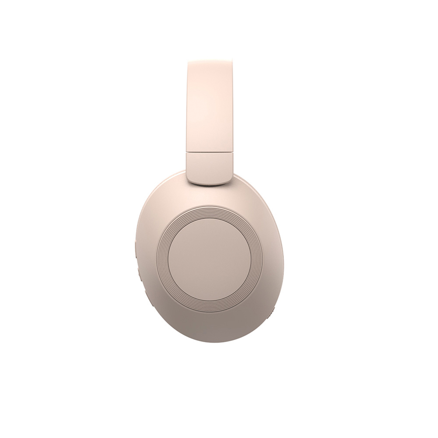 Un par de auriculares rosa claro sobre un fondo blanco, vista lateral.
