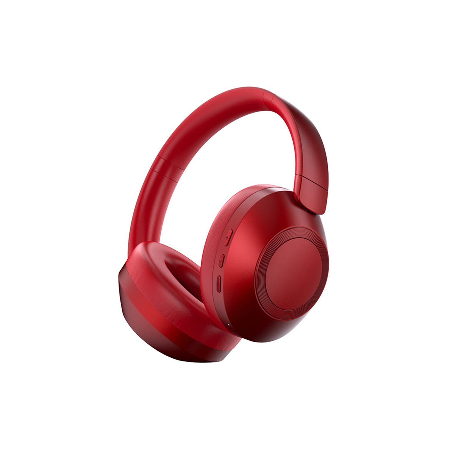 Auriculares rojos con diadema curva y auriculares, aislados sobre un fondo blanco.