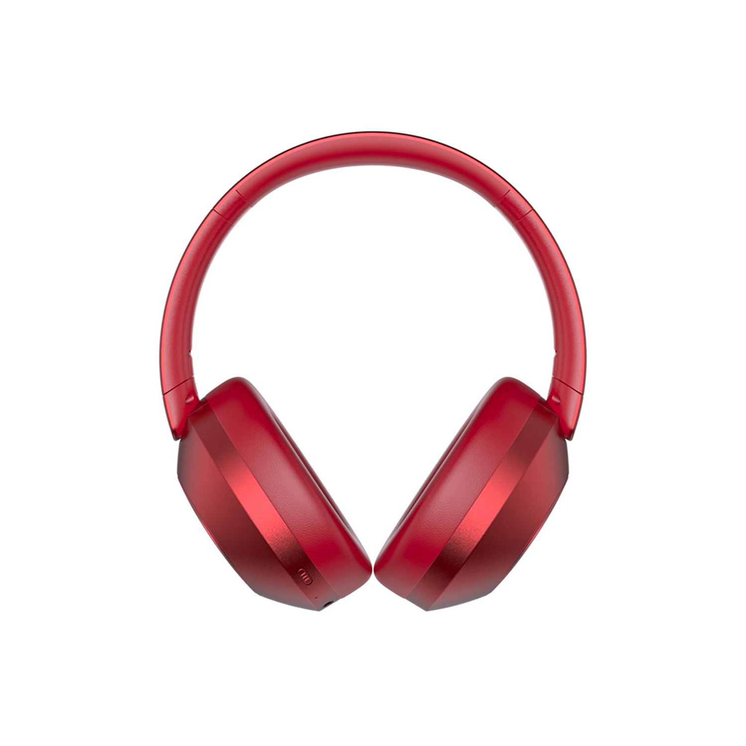 Auriculares rojos. Tienen una diadema redondeada y dos copas, aisladas sobre un fondo blanco.