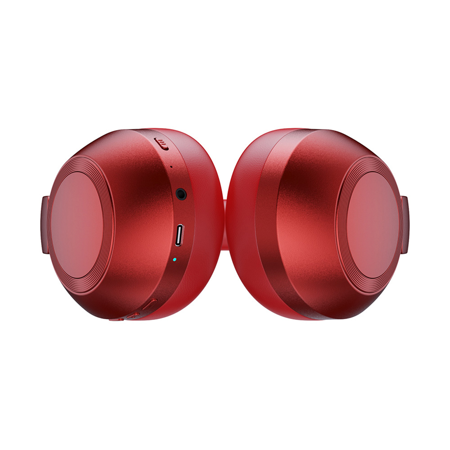 Auriculares rojos, diseño simétrico, sobre fondo blanco, foto de estudio.