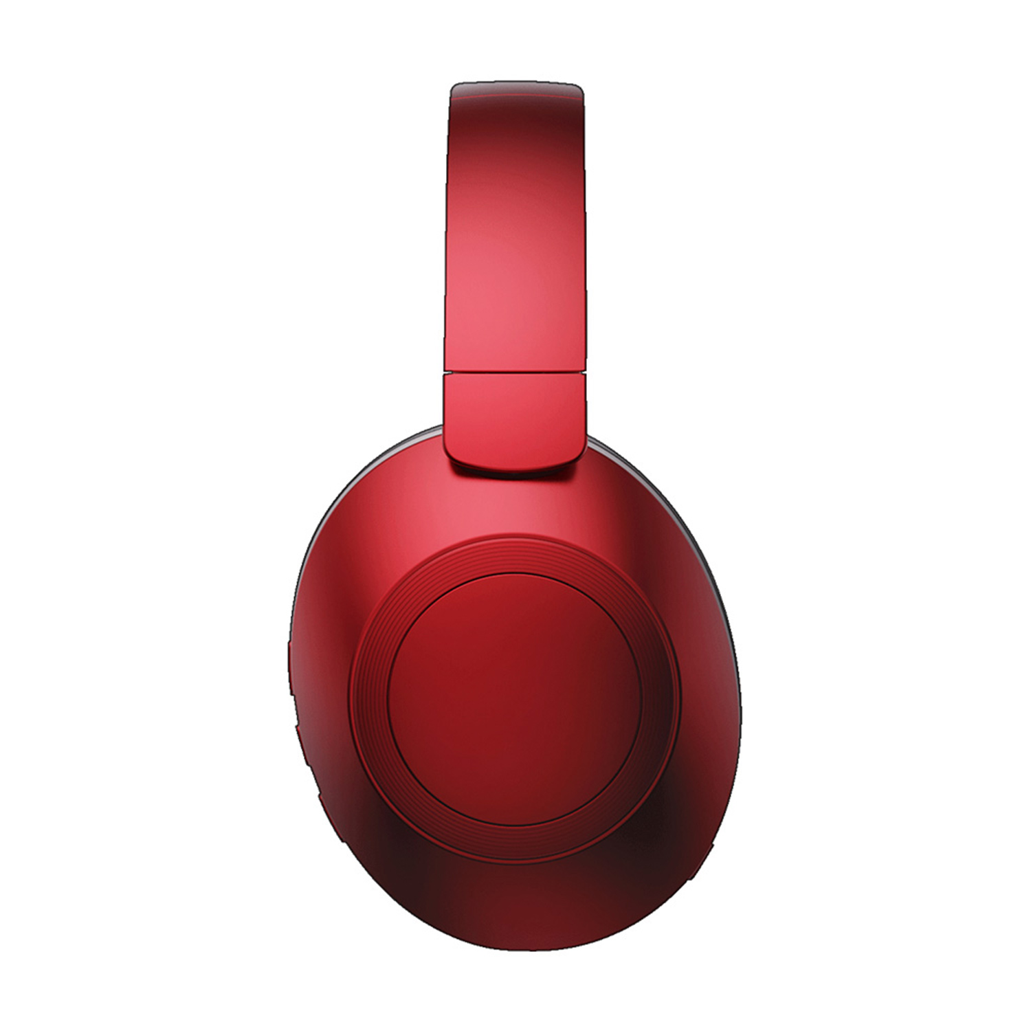 Auriculares rojos sobre la oreja. Los auriculares son ovalados y la diadema está arriba.