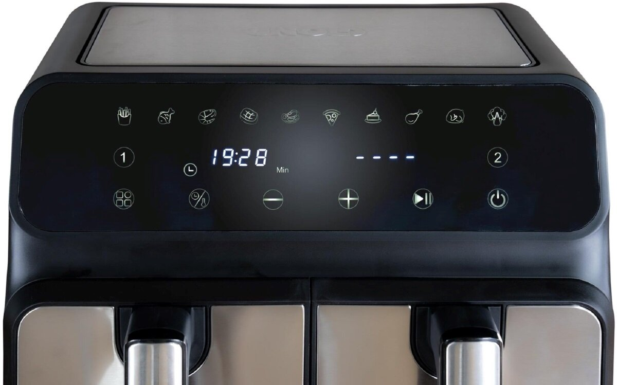 Pokazano górną część frytkownicy beztłuszczowej. Ma wyświetlacz cyfrowy i przyciski sterowania.