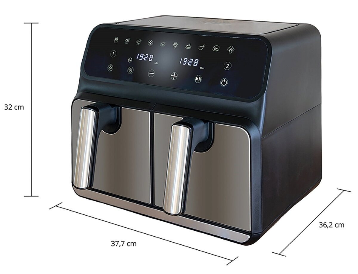 Frytkownica beztłuszczowa, czarna ze srebrnymi uchwytami. Wyświetlacz z zegarem cyfrowym i przyciskami. Wymiary są opisane.