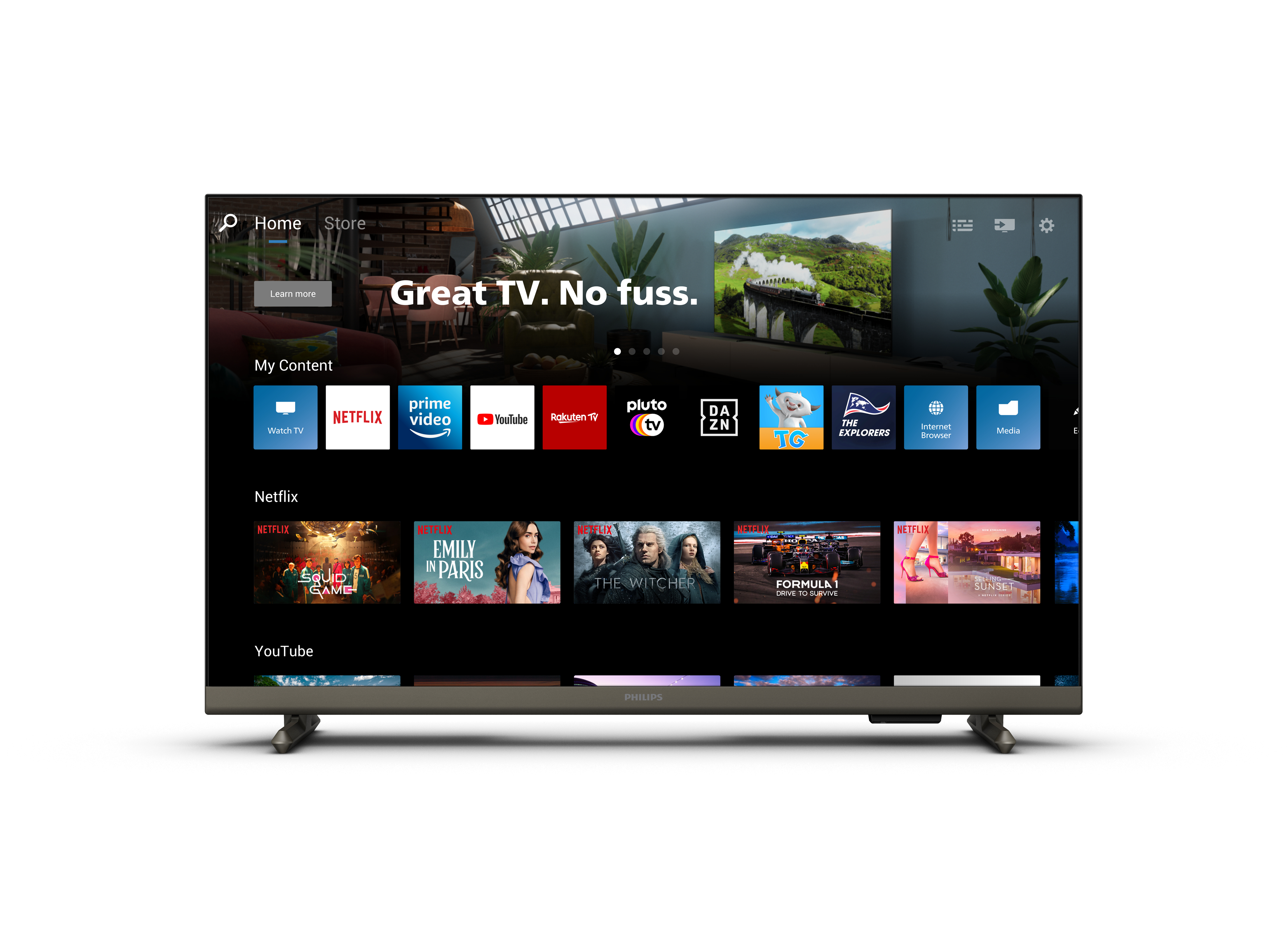 Philips TV, akış uygulaması simgelerini görüntülüyor. Metin: Harika TV. Zahmetsiz.