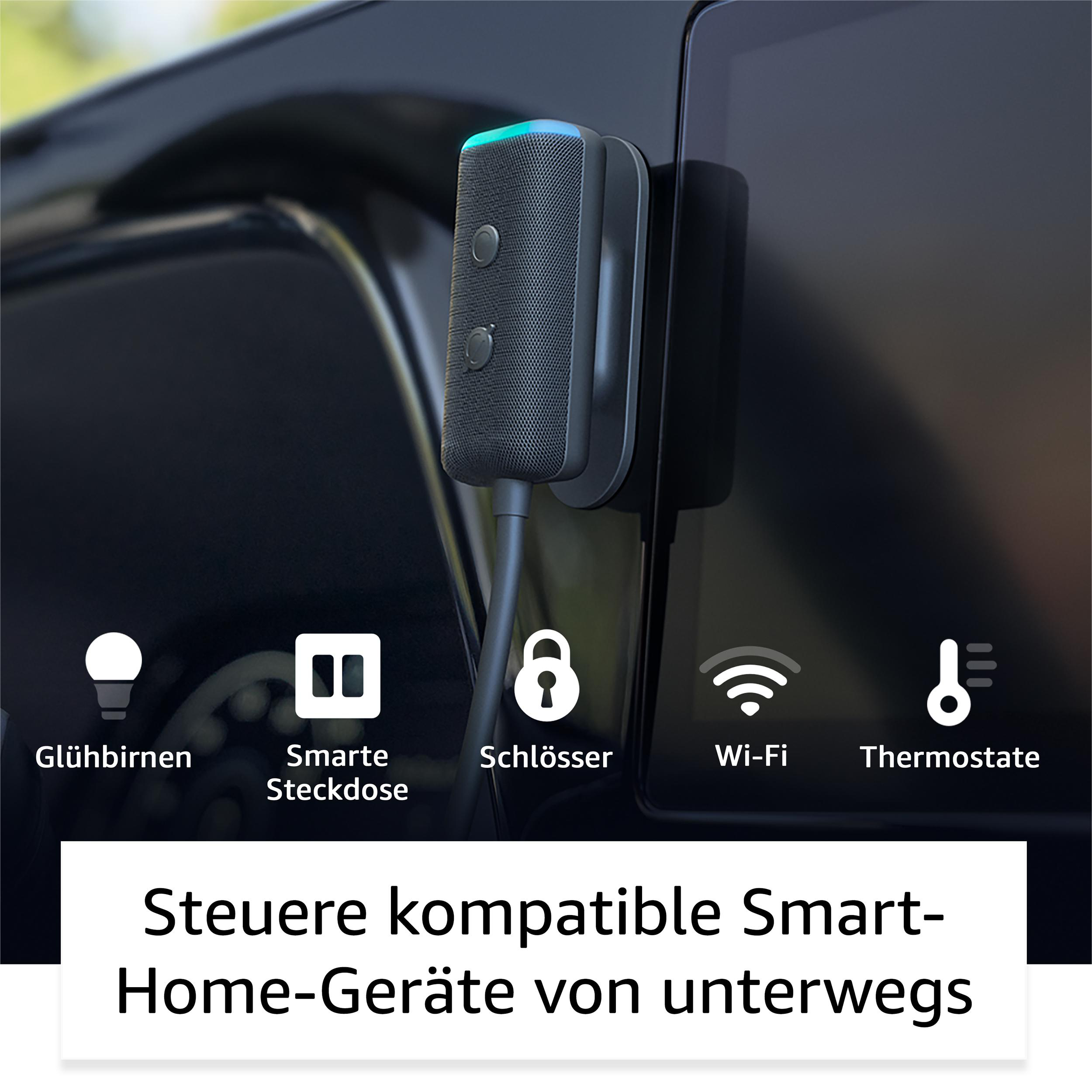 Ein schwarzes Gerät an einem Auto. Es gibt Symbole und Text im Zusammenhang mit der Smart-Home-Steuerung.