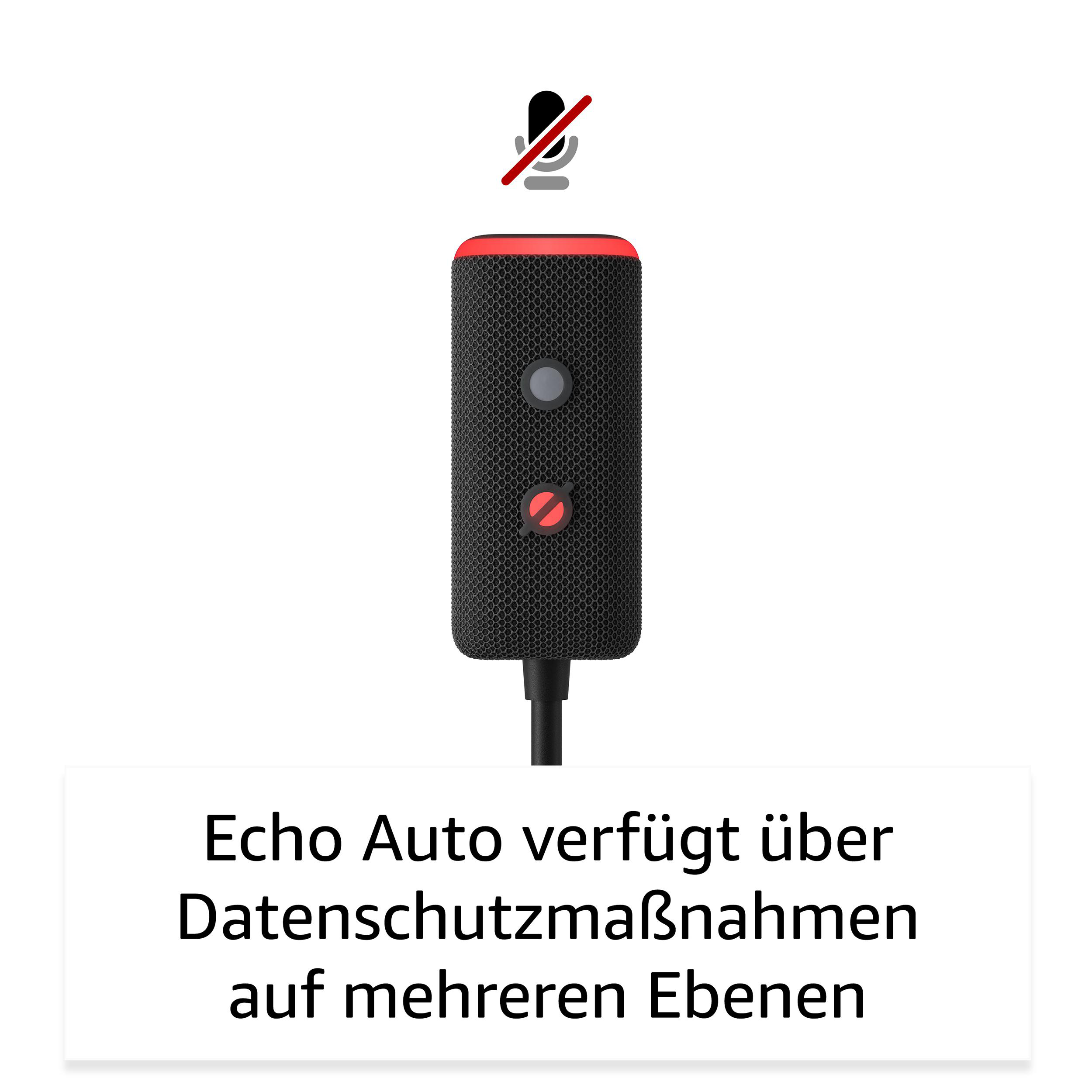Schwarzer Zylinder mit Mikrofonsymbol. Text: Echo Auto hat Datenschutzebenen.