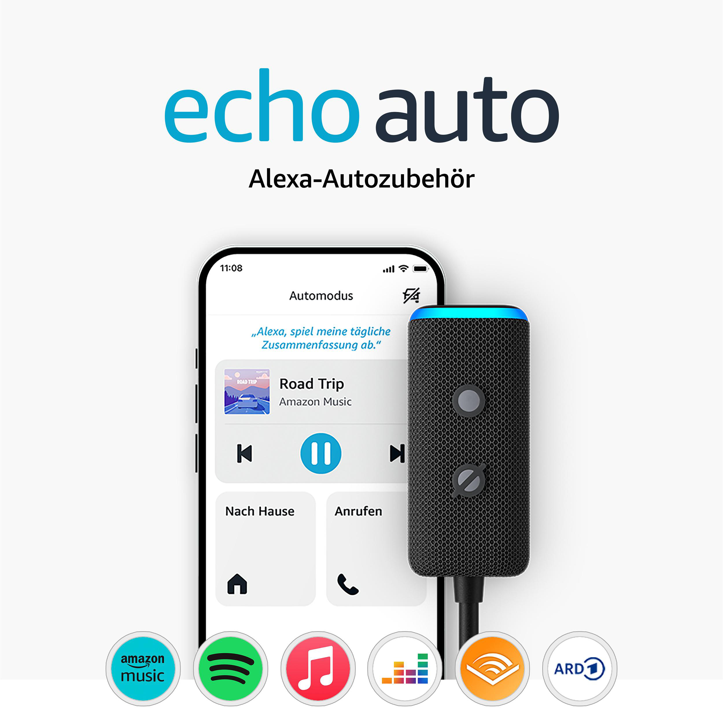 Echo Auto-Gerät mit einem Telefon, das Amazon Music-Steuerelemente anzeigt. Verschiedene Musikdienstlogos sind sichtbar.
