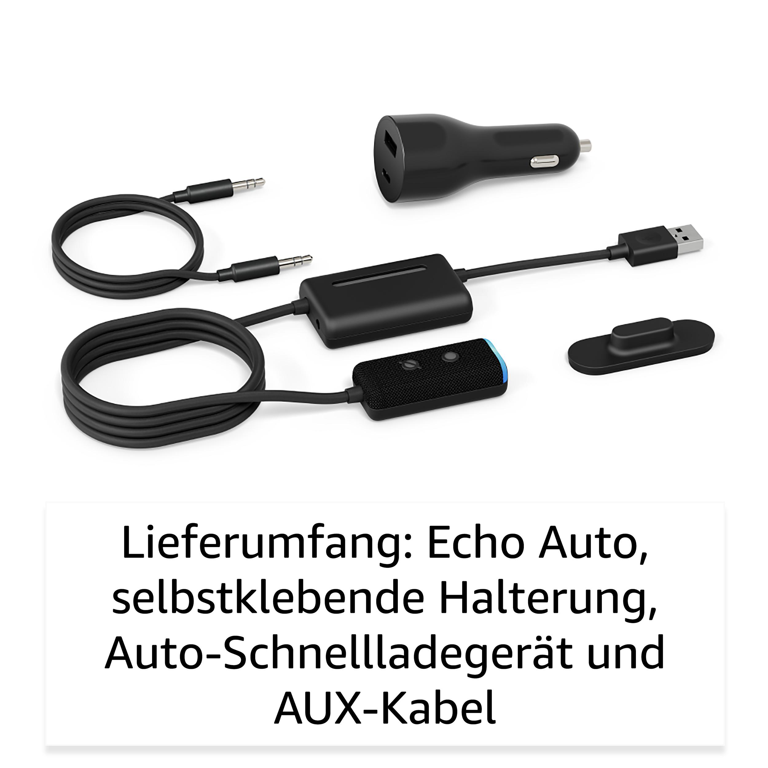 Ein Set von Artikeln: Echo Auto, Ladegerät und AUX-Kabel.