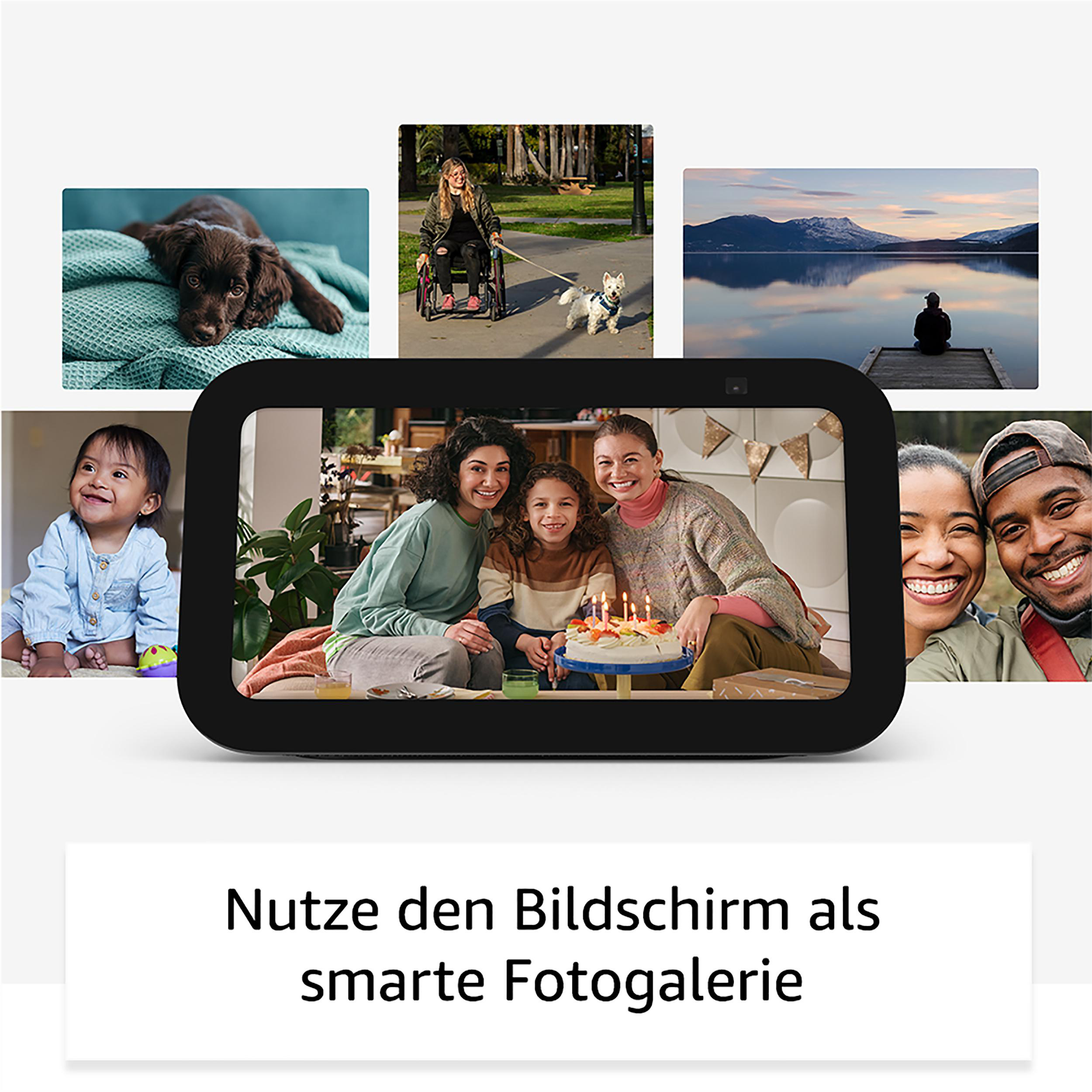 Ein Smart Display, das Fotos zeigt, mit einem schwarzen Rahmen und mehreren Bildern.