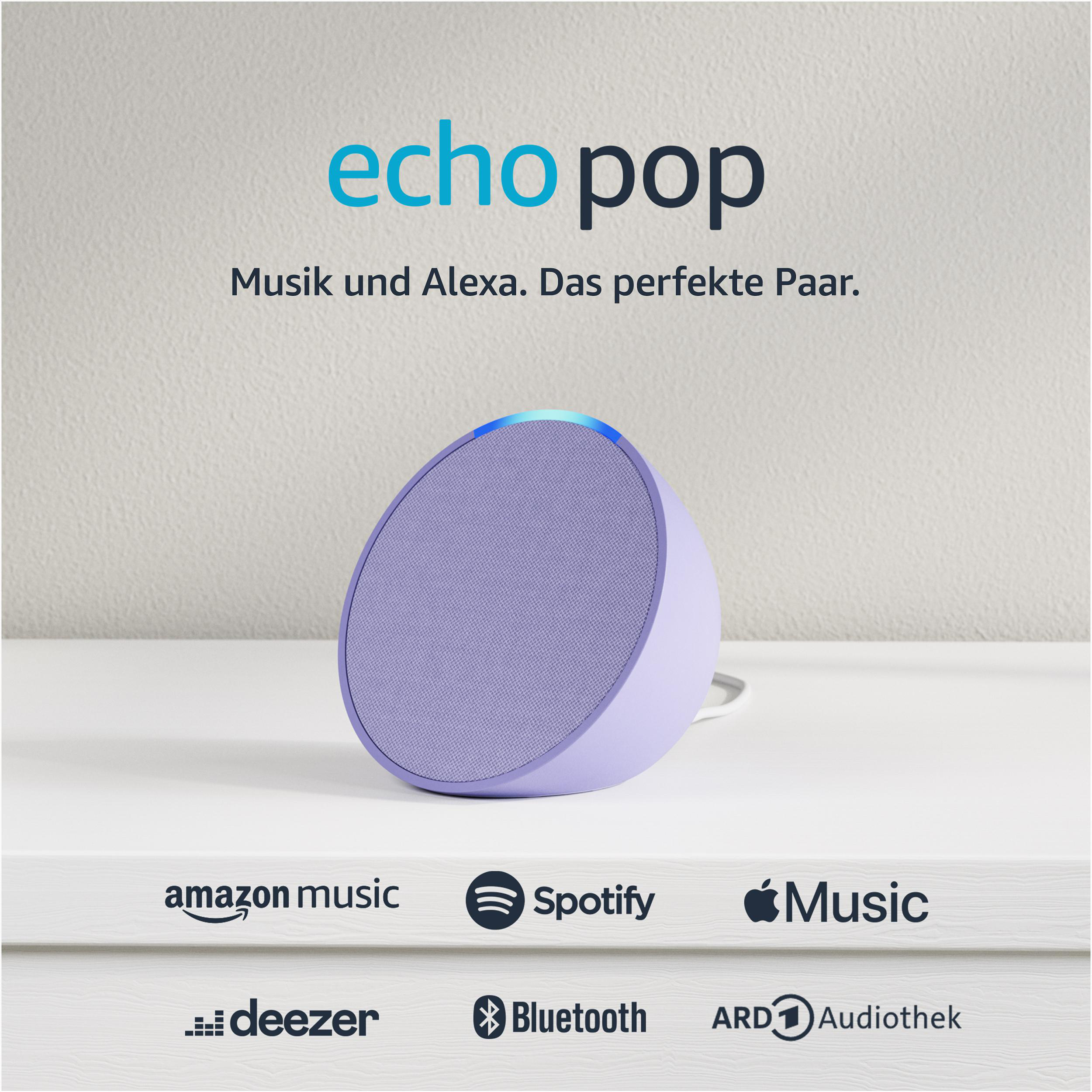 Ein lila Echo Pop Lautsprecher mit Logos von Musik-Streaming-Diensten. Der Text 'Musik und Alexa. Das perfekte Paar'.