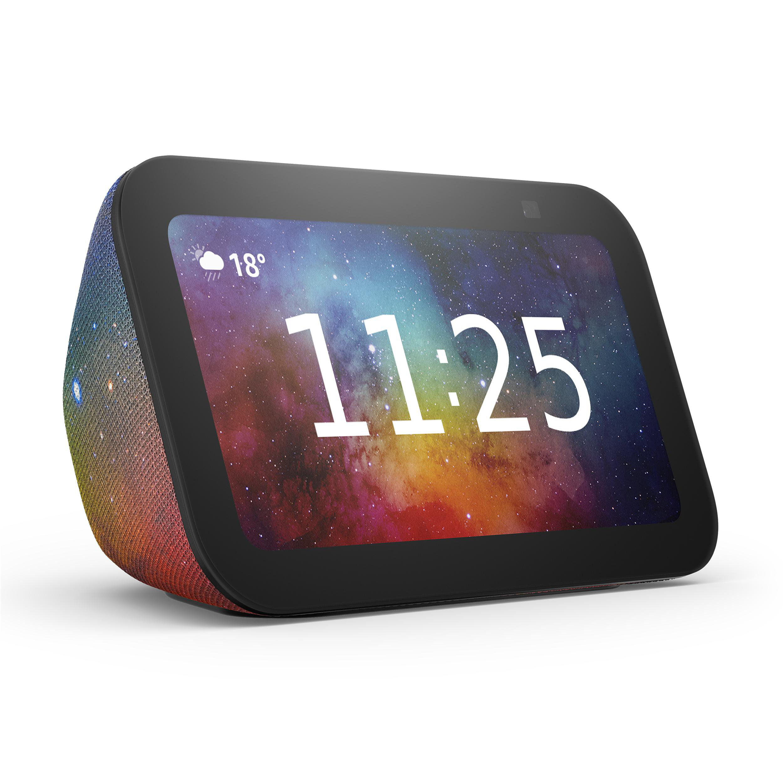Smart Home Gerät mit farbigem Bildschirm, der Zeit und Wetterdetails anzeigt.
