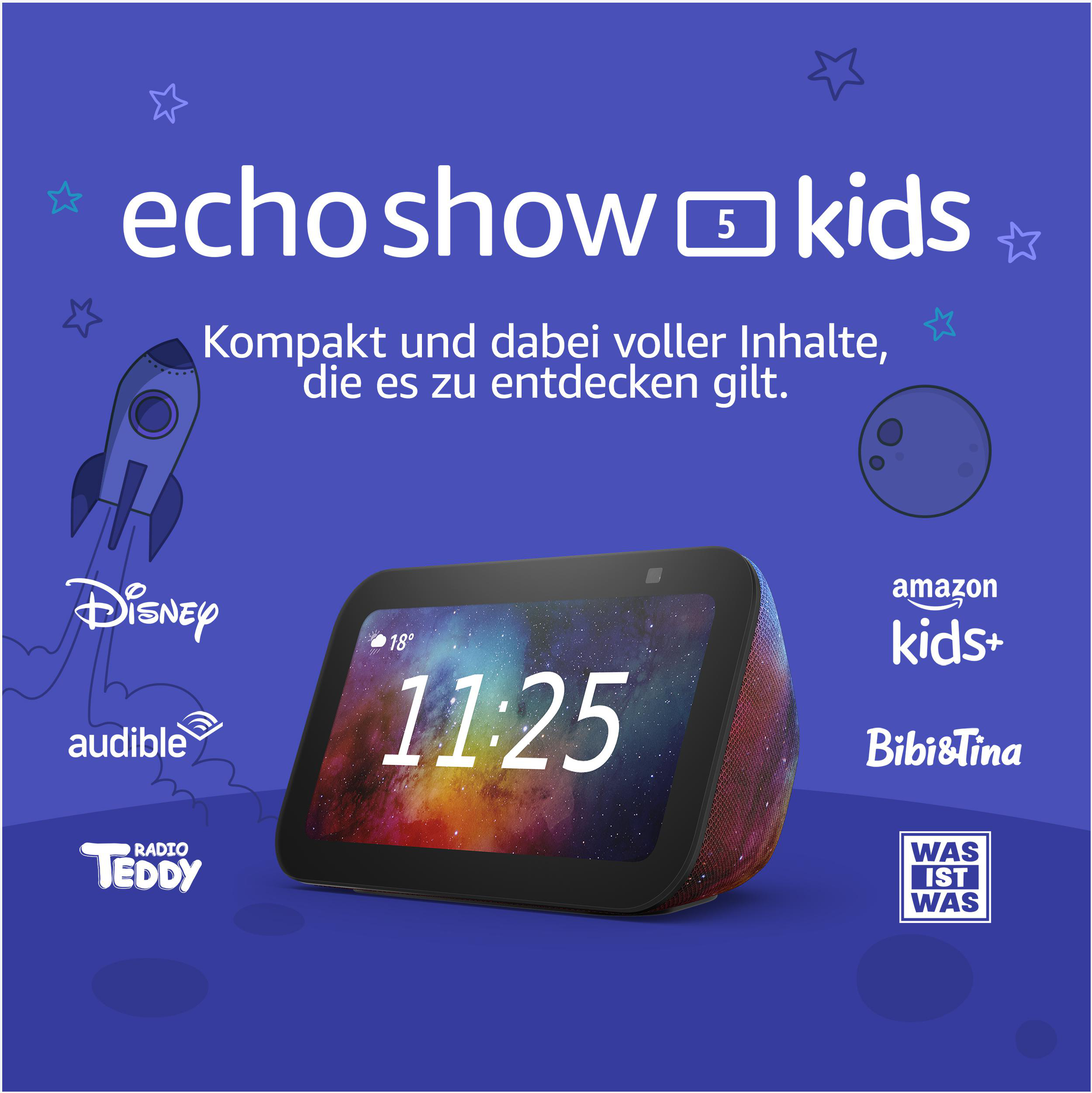 Echo Show 5 Kids. Display zeigt Uhrzeit. Disney, Audible, Radio Teddy, Amazon Kids+, Bibi & Tina.