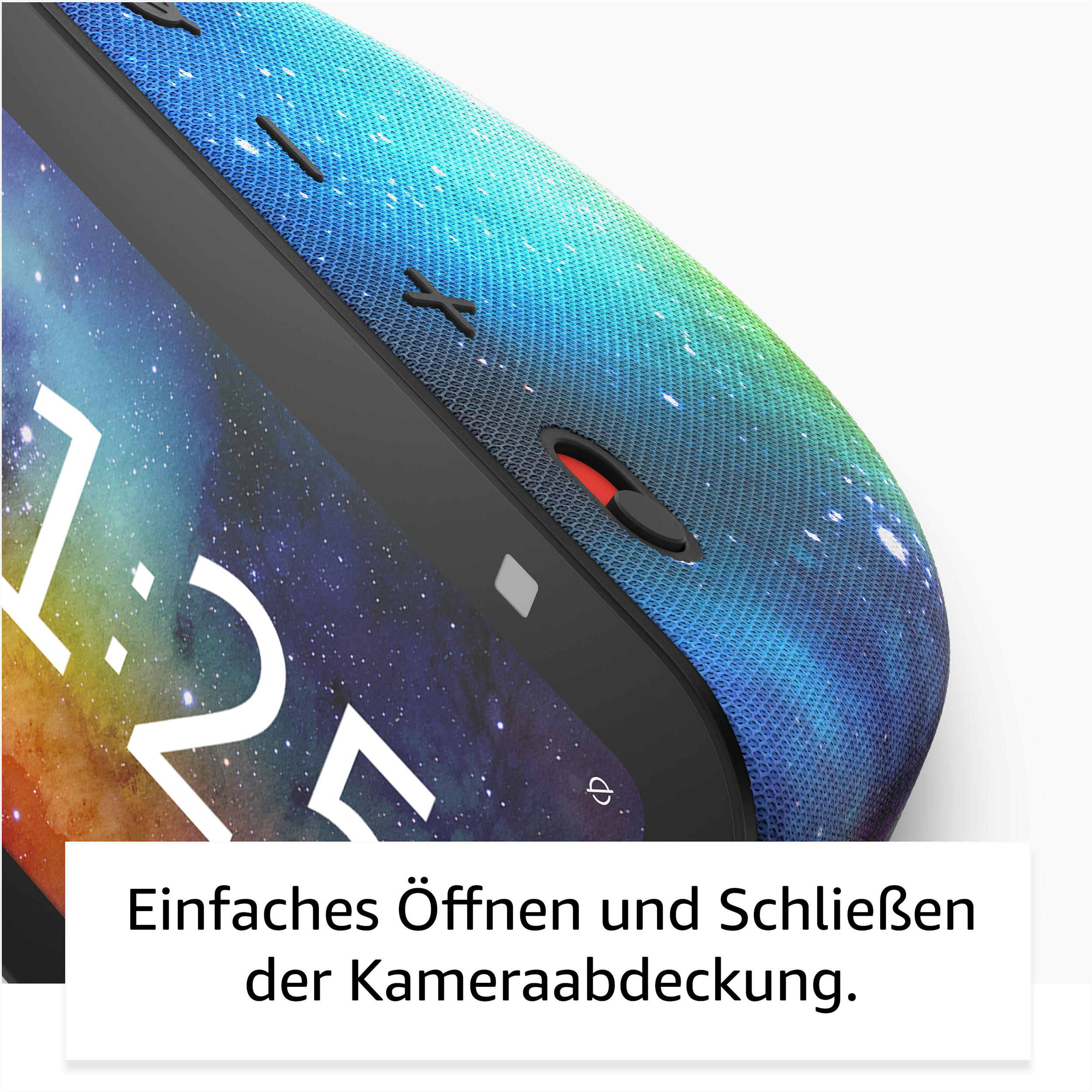 Nahaufnahme eines Geräts mit gemusterter Abdeckung, zeigt Kameraabdeckung und Knöpfe.