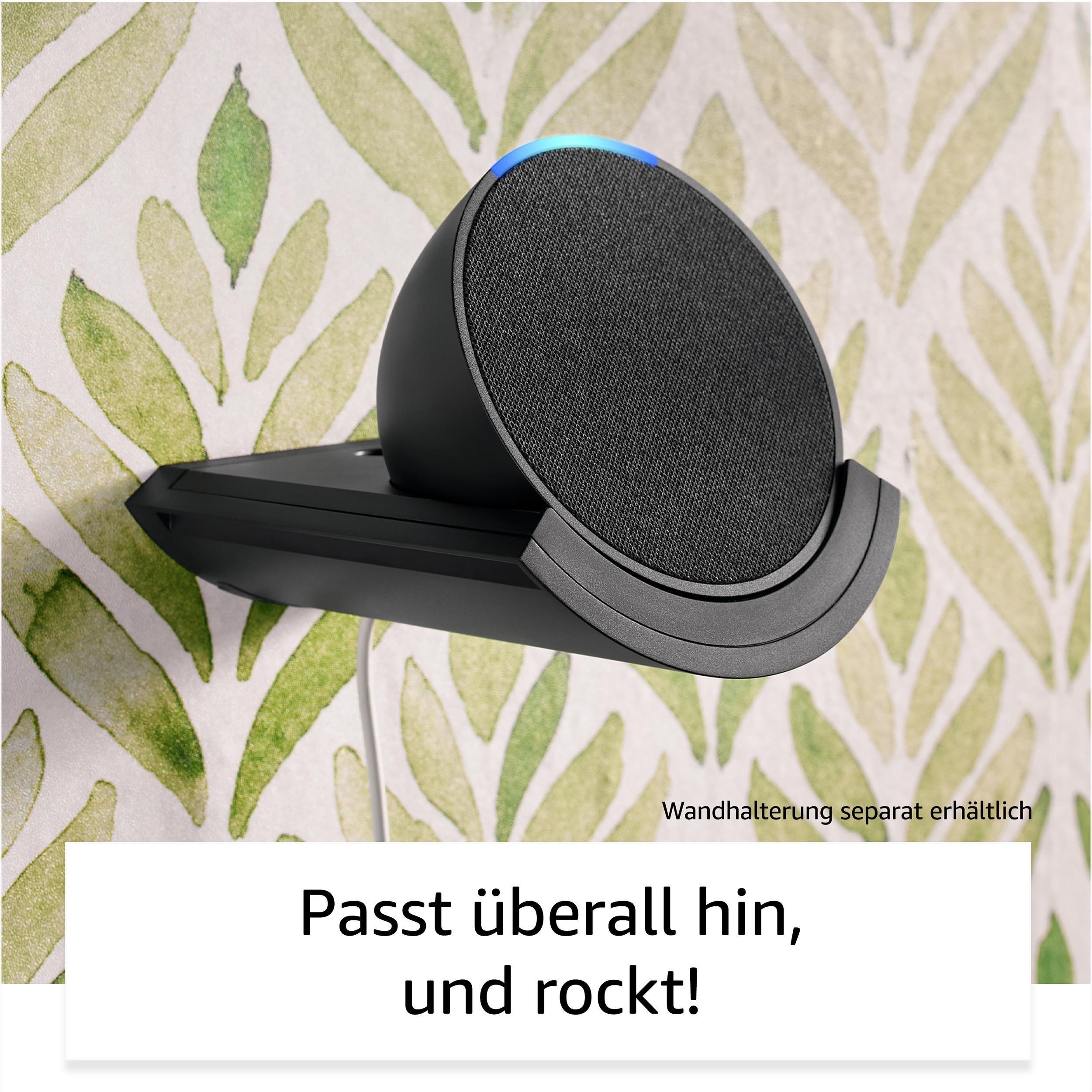 Schwarzer Lautsprecher an einer Wandhalterung, blaues Licht oben. Blättermuster im Hintergrund.