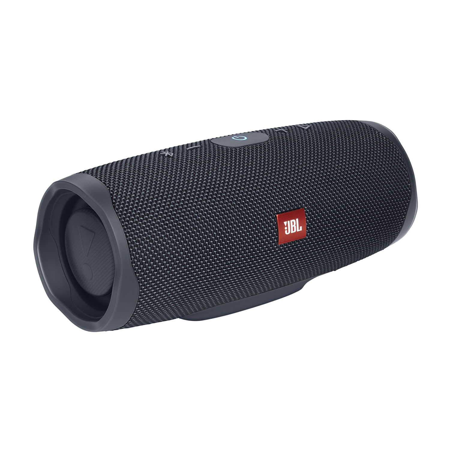 Un altoparlante JBL nero con un logo rosso.