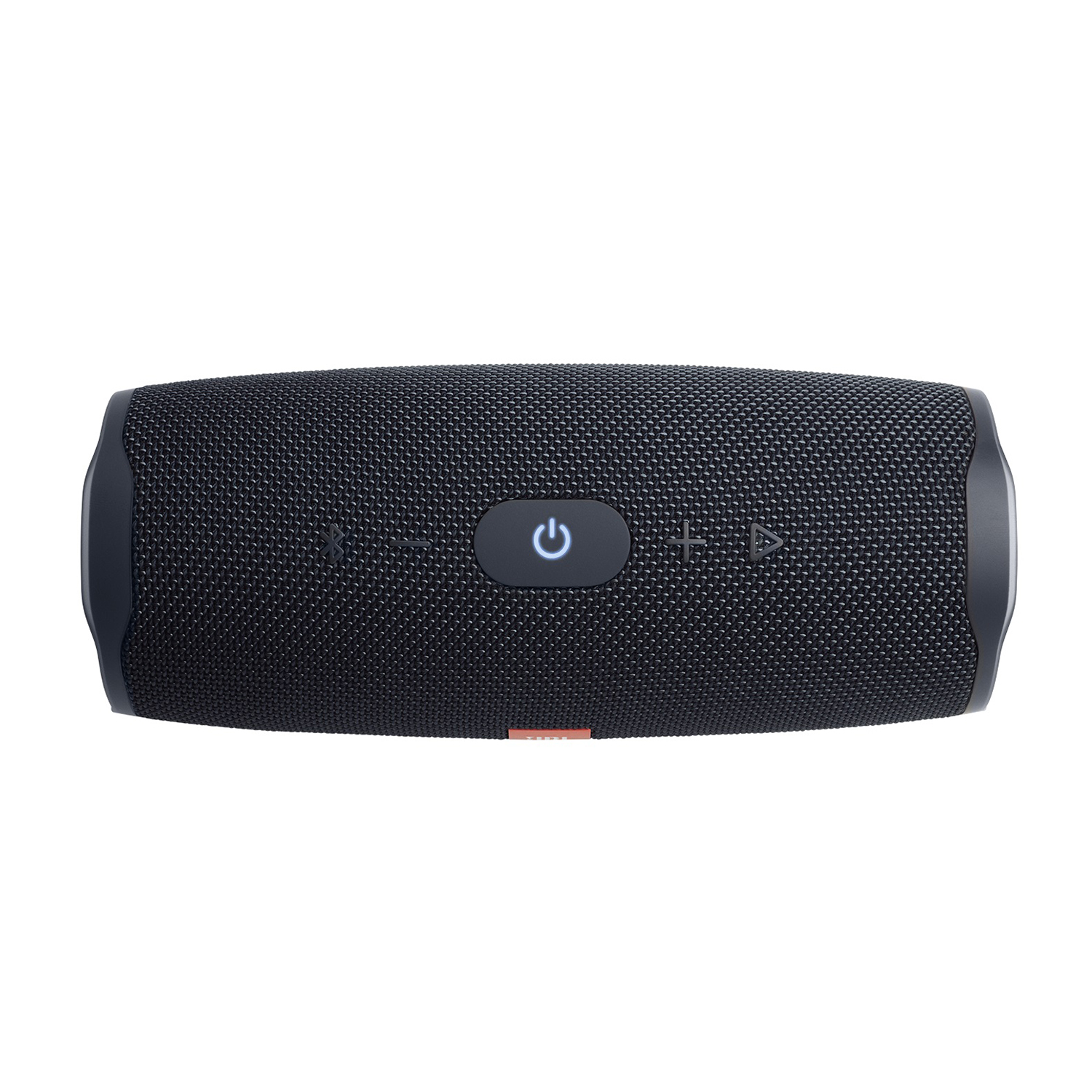 Altoparlante nero con pulsante di accensione e controlli del volume. Logo JBL.