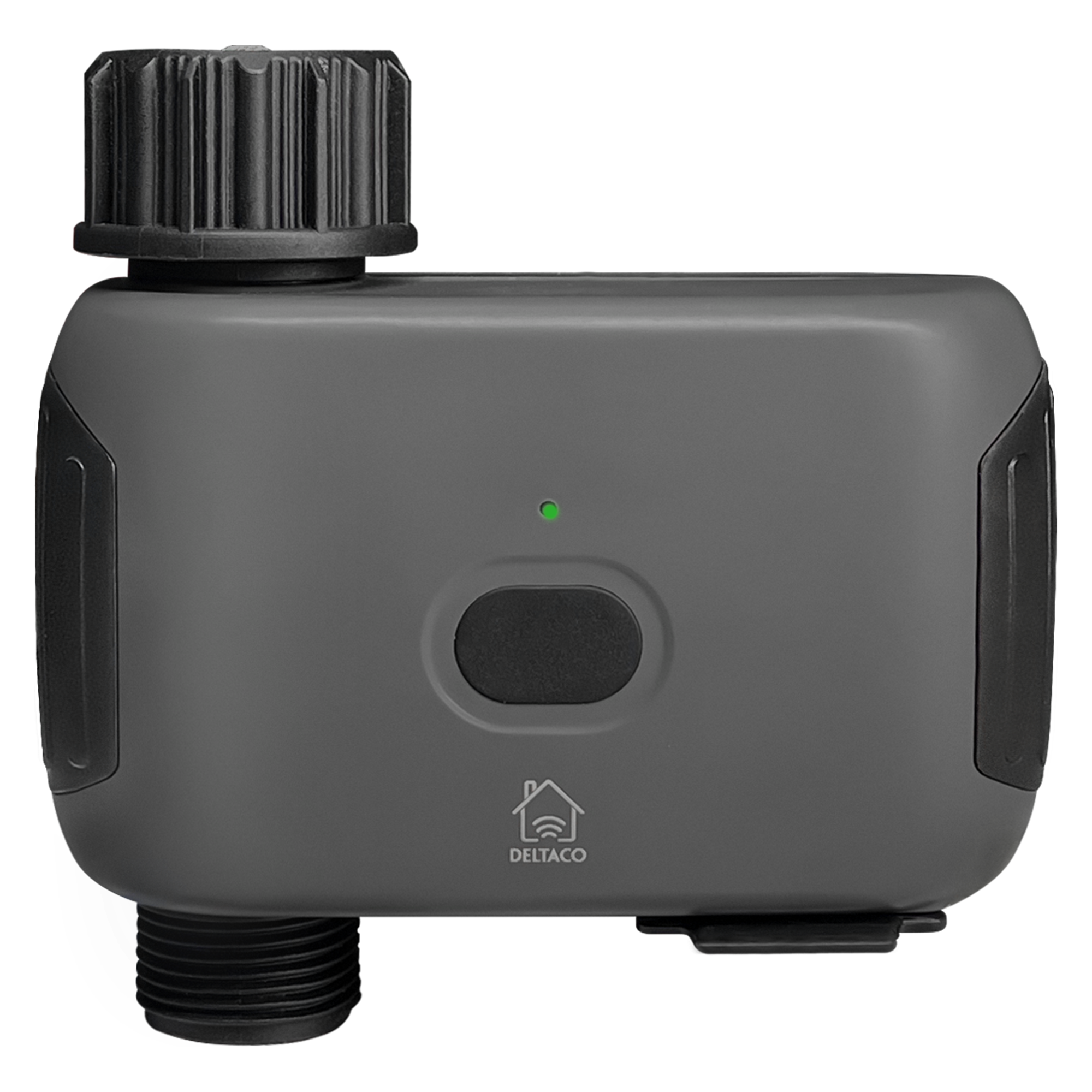 Ein dunkelgrauer Smart-Garten-Wasser-Timer mit grünem Licht und Knopf.