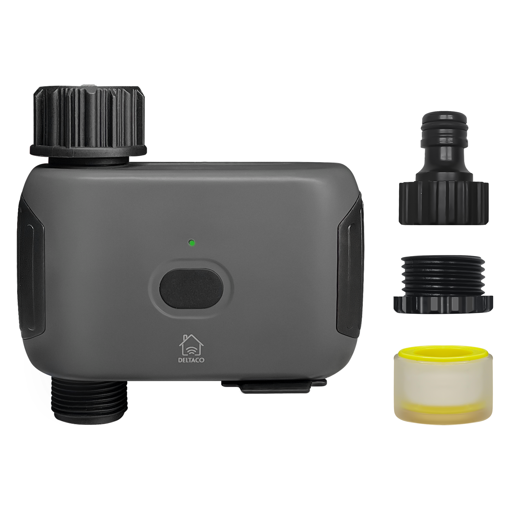 Grauer intelligenter Gartenbewässerungs-Timer mit mehreren Anschlüssen daneben.