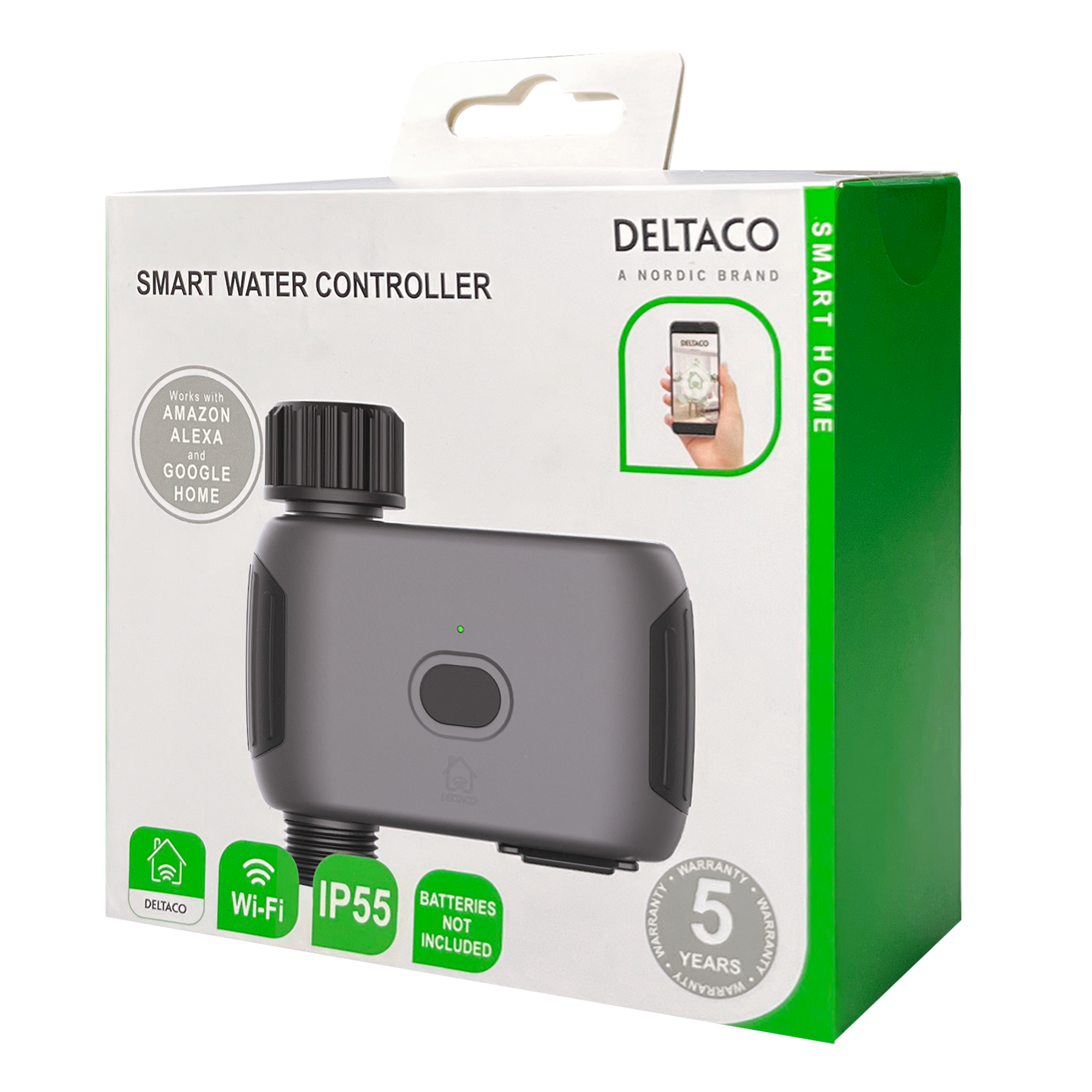 Verpackung für einen intelligenten Wassercontroller. Grau, mit schwarzem Deckel und grüner Seite.