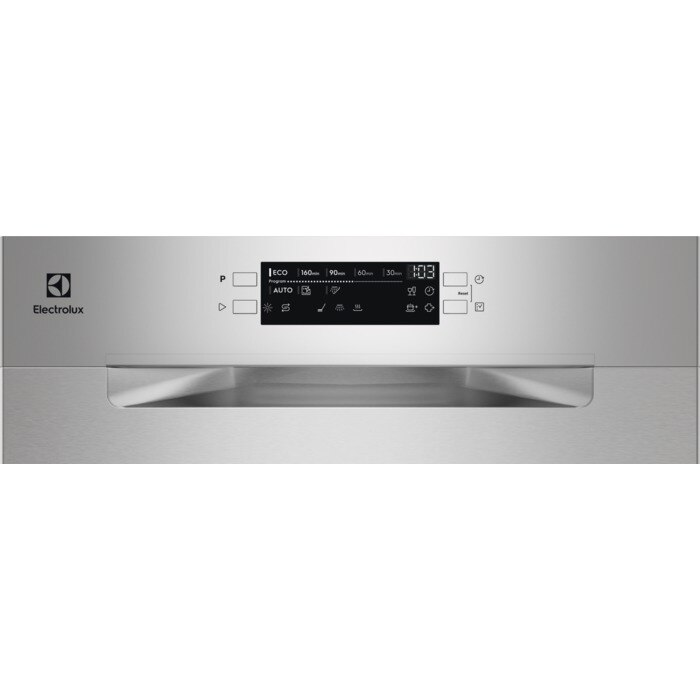 Gümüş bir Electrolux bulaşık makinesinin kontrol paneline yakın çekim, düğmeler ve dijital ekranla.