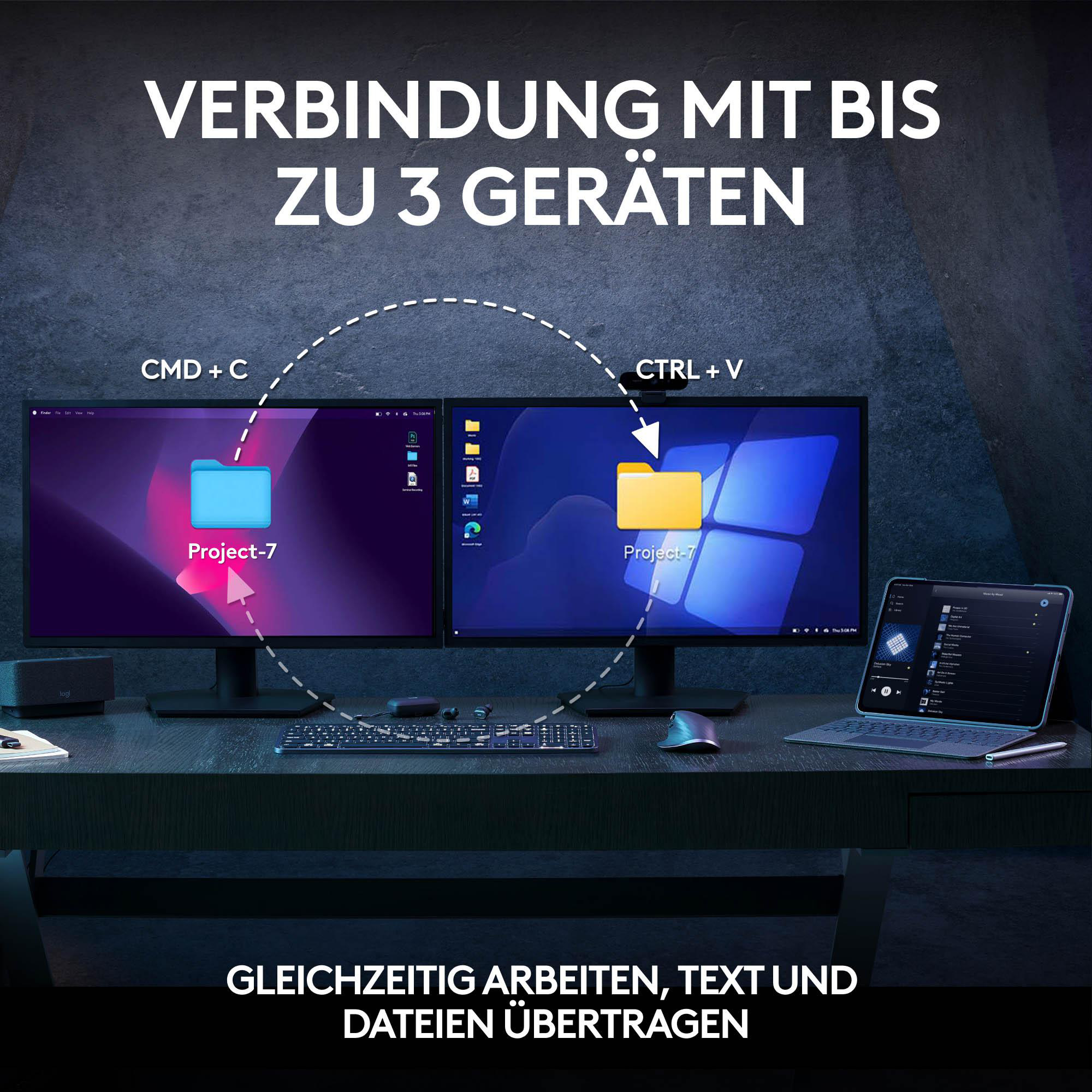 Ein Desktop-Setup mit zwei Monitoren, einer Tastatur, Maus und Laptop, die Arbeit anzeigen.