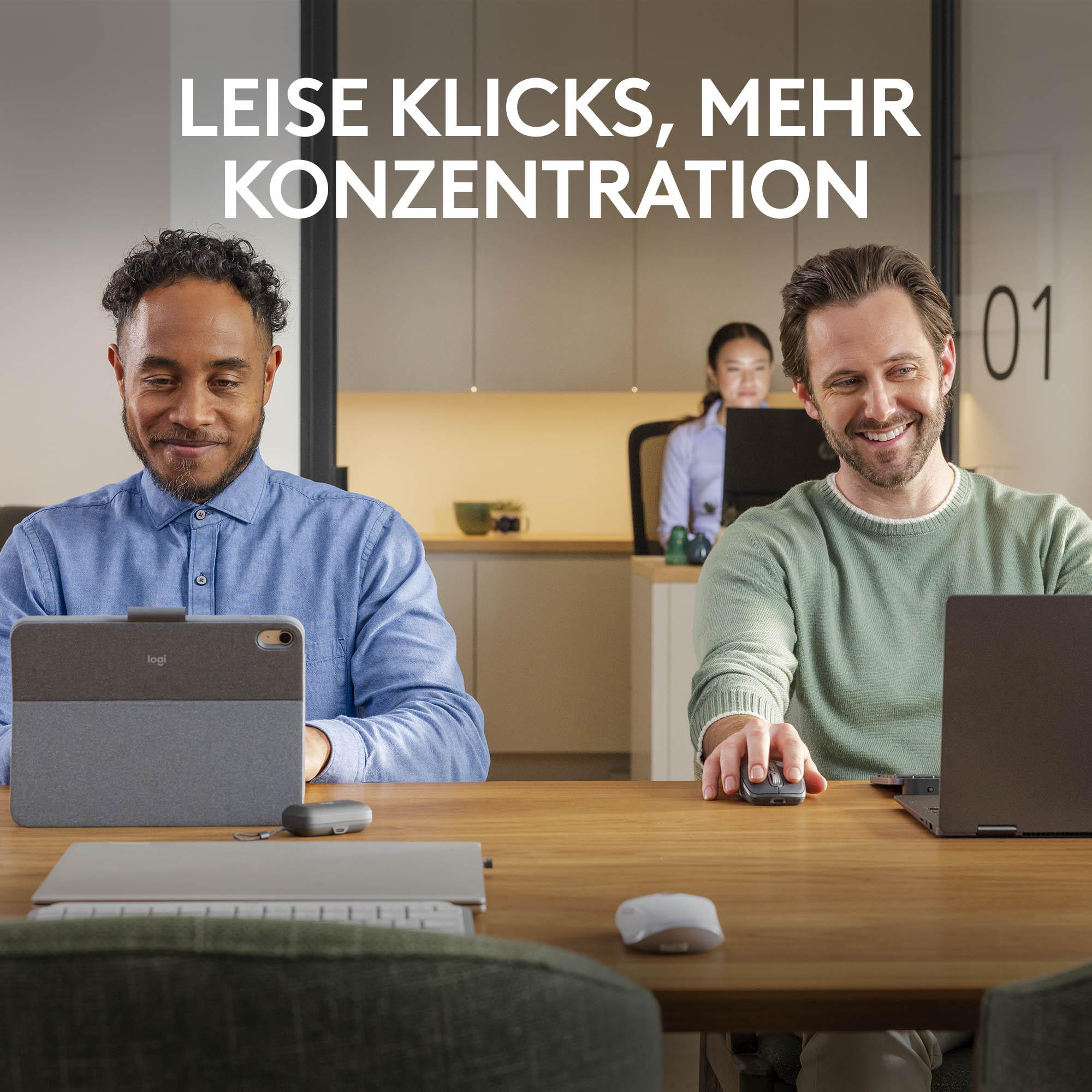 Leute arbeiten an Laptops und Tablets. Das Bild hat Text, der besagt, ruhige Klicks, mehr Fokus.