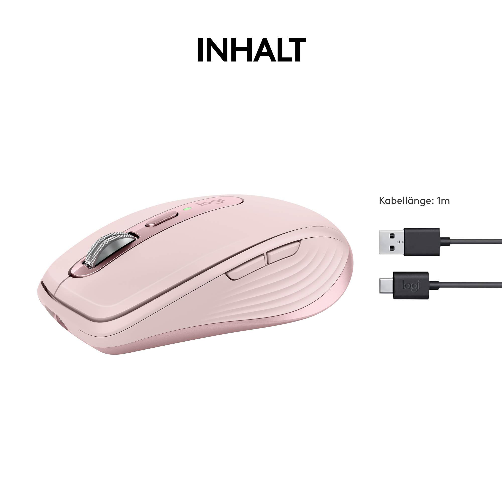 Pinke kabellose Maus mit USB-Kabel. Isoliert auf Weiß. Text 'INHALT' darüber.