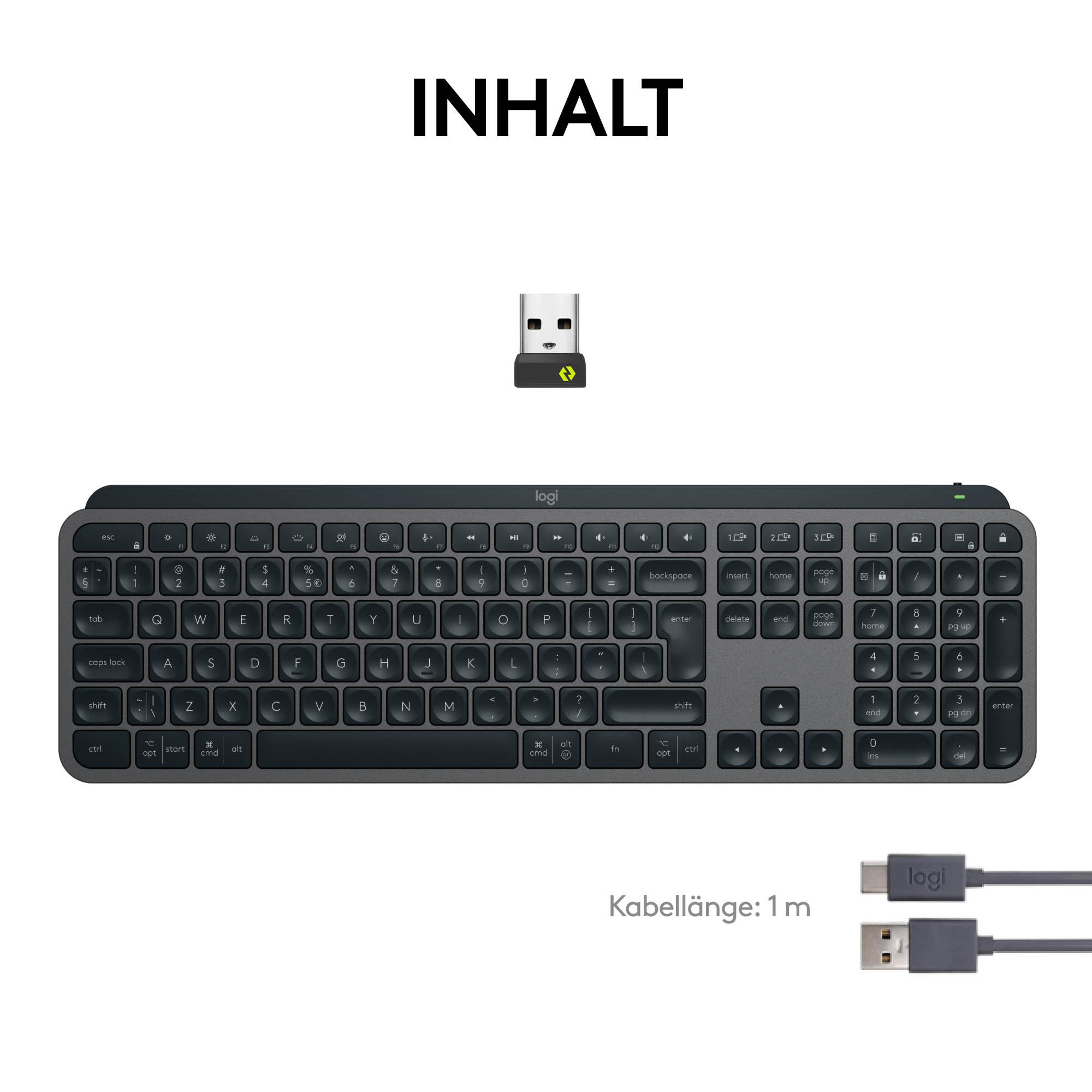 Tastatur und USB-Empfänger. Text: Inhalt. Kabellänge: 1 m. Schwarze Tastatur mit weißen Tasten.