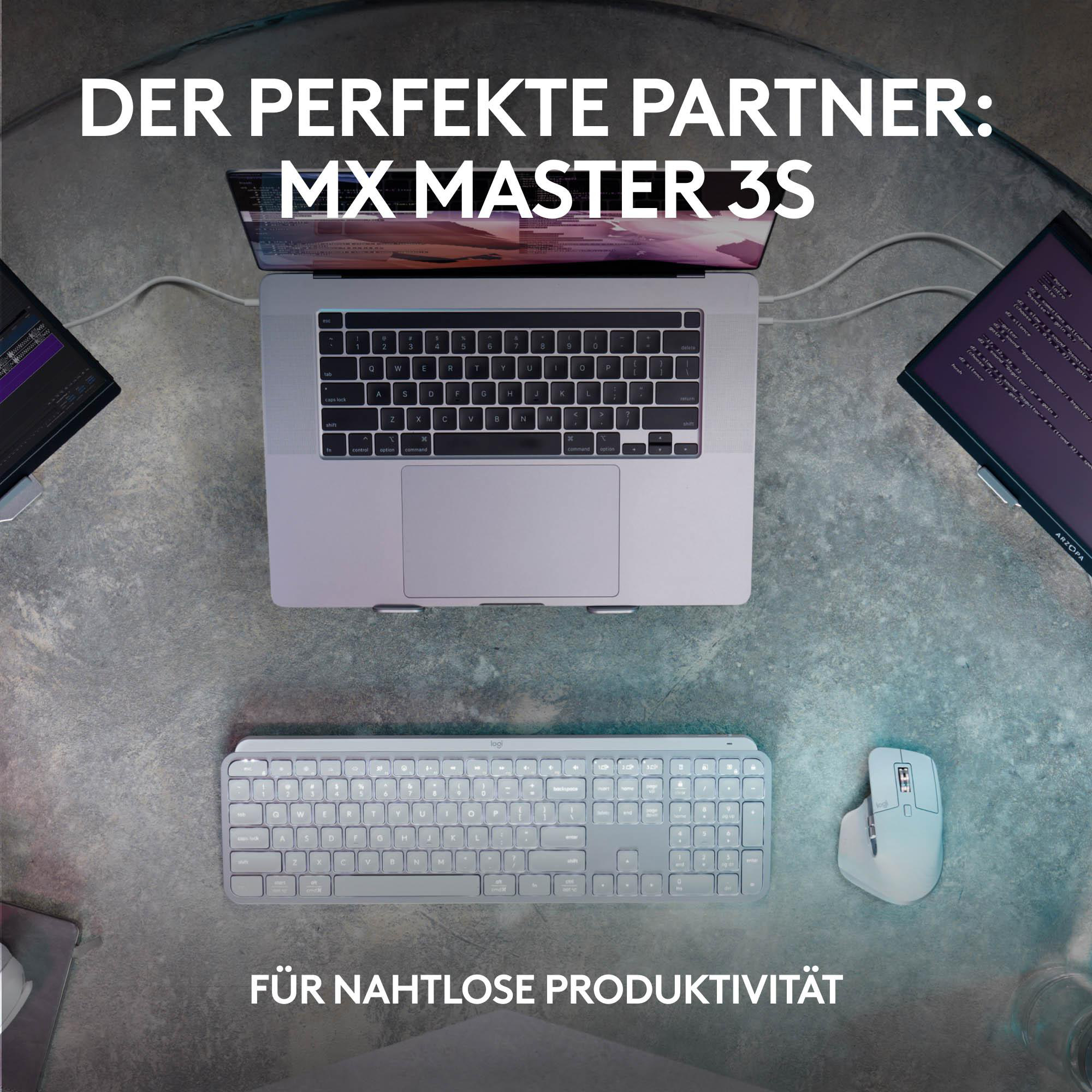 Laptop, Tastatur und Maus auf Glastisch. Text: MX Master 3S für nahtlose Produktivität.