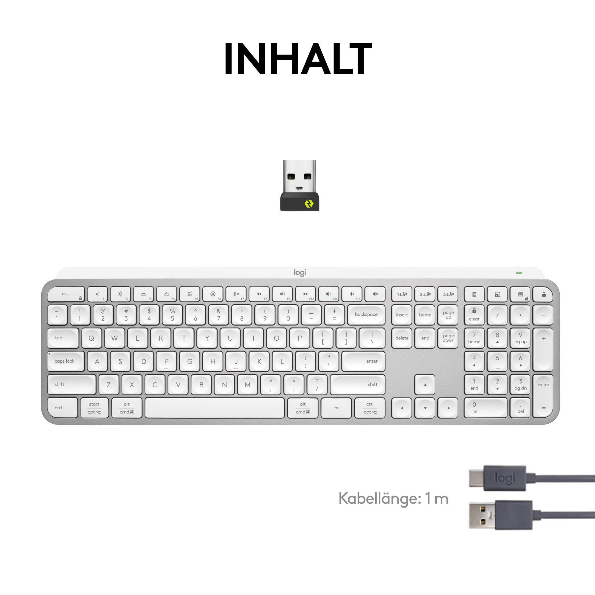 Weiße Tastatur mit drahtlosem USB-Empfänger und Kabel. Das Wort INHALT steht oben.