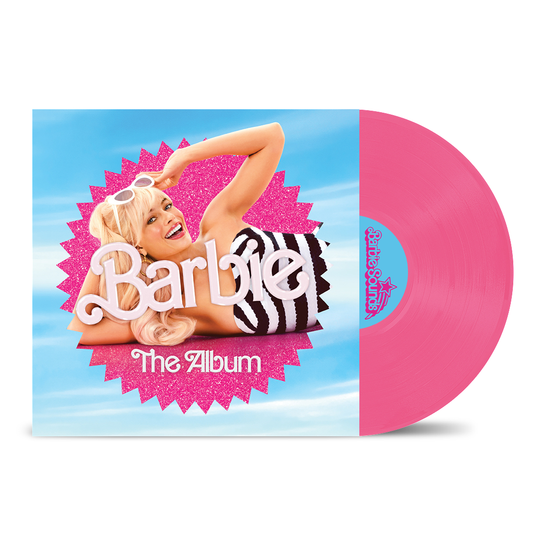 Barbie The Album Vinyl Schallplatte. Das Cover zeigt ein Barbie-Bild und den Albumtitel. Die Schallplatte ist rosa.