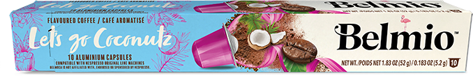 Kávékapszula doboz. Kék háttér, rózsaszín akcentusok. Kávékapszulákat tartalmaz. Szöveg: Let's go Coconutz.