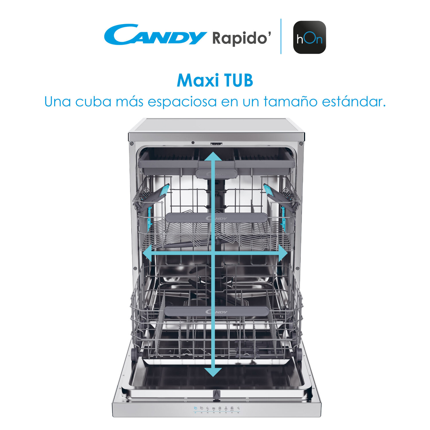 Lavavajillas con puerta abierta. Flechas muestran la amplitud de la cuba maxi.